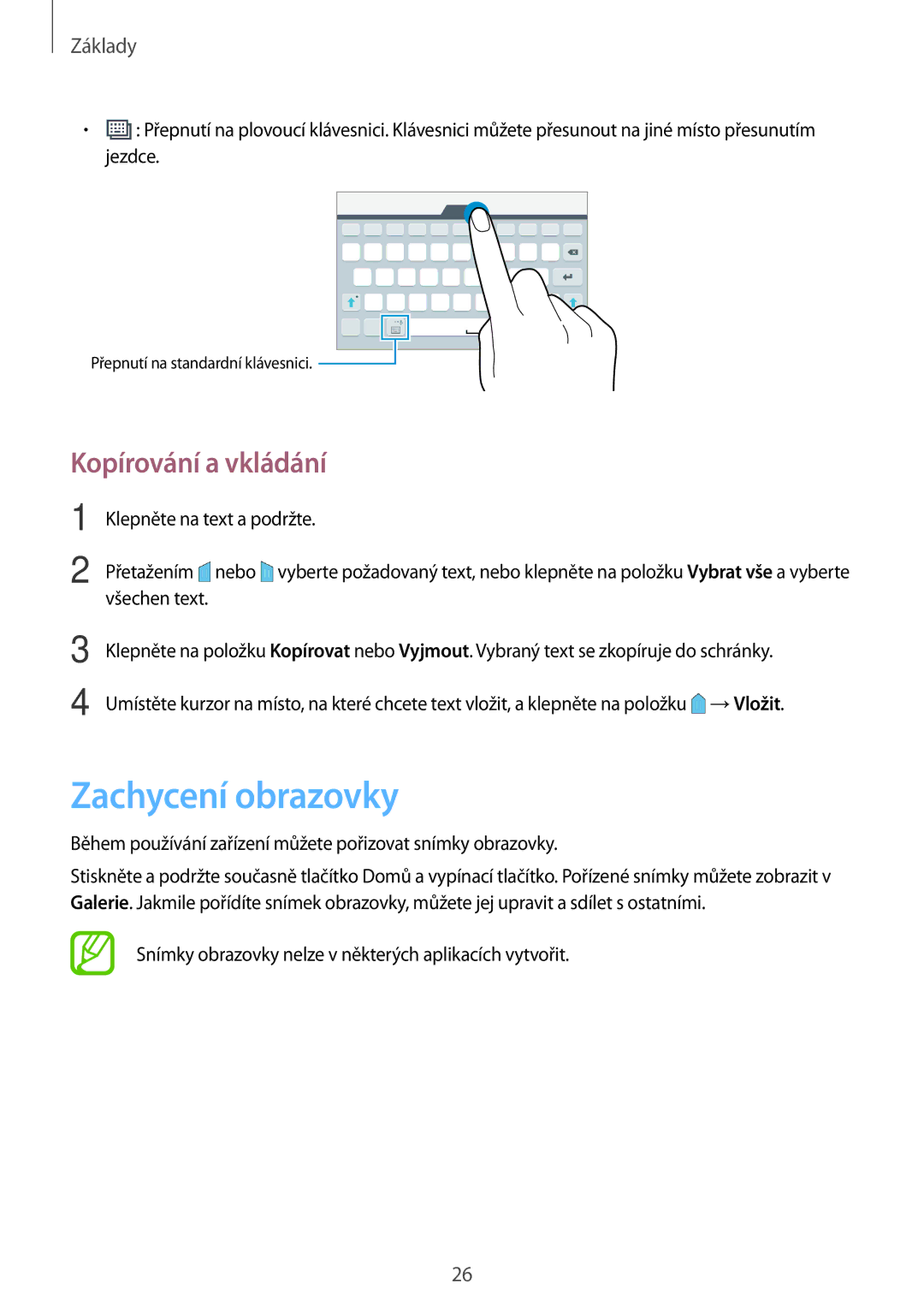 Samsung SM-T560NZKAXEZ manual Zachycení obrazovky, Kopírování a vkládání 