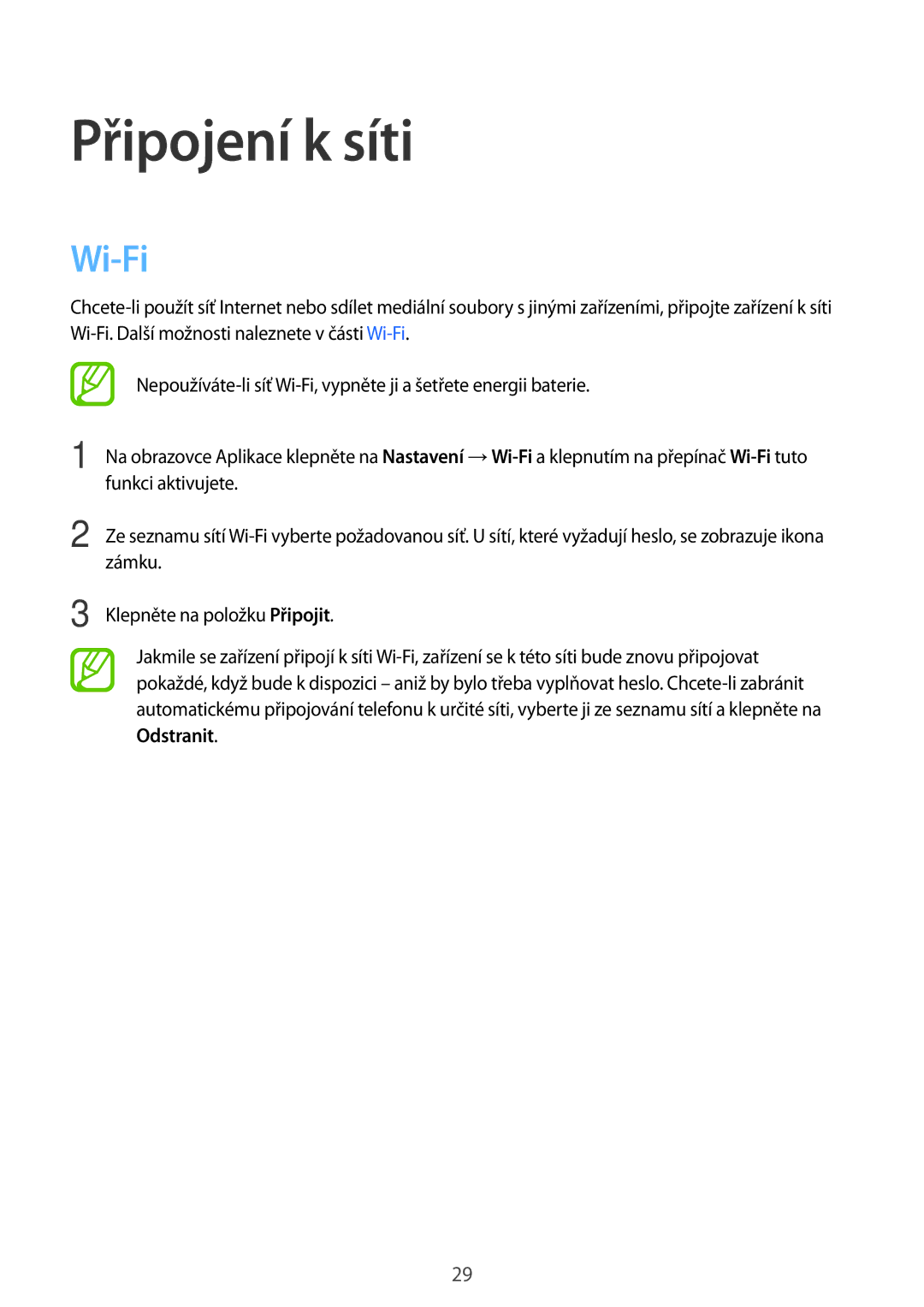 Samsung SM-T560NZKAXEZ manual Připojení k síti, Wi-Fi 