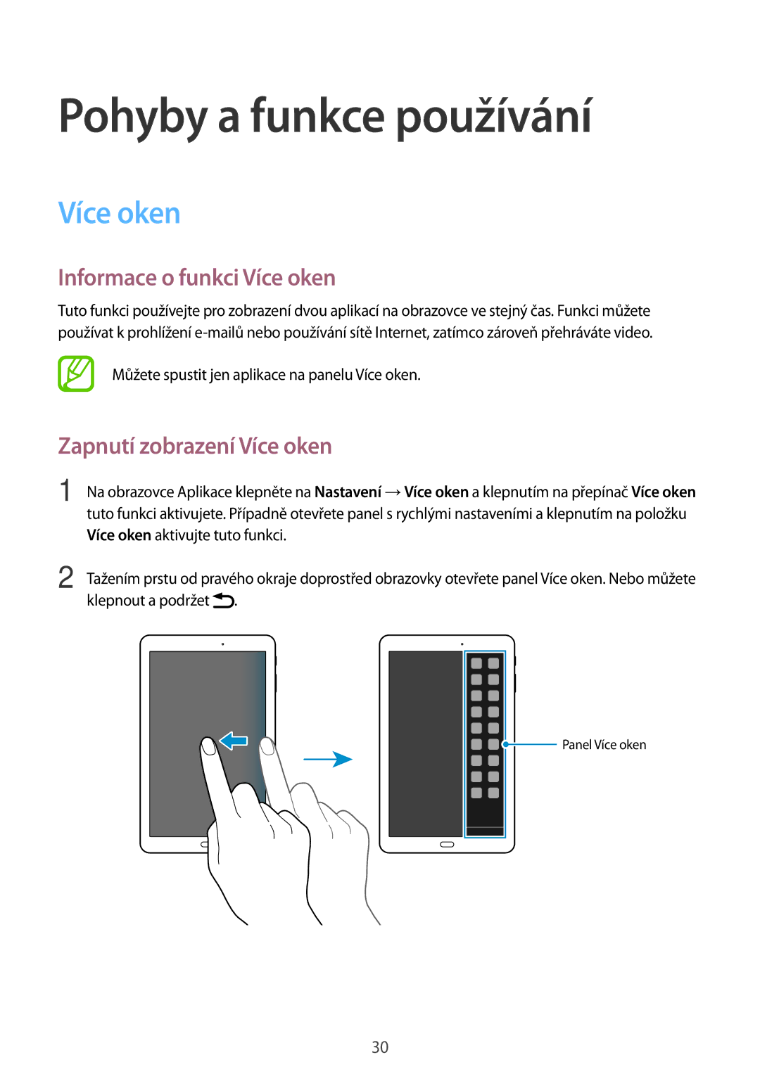 Samsung SM-T560NZKAXEZ manual Pohyby a funkce používání, Informace o funkci Více oken, Zapnutí zobrazení Více oken 