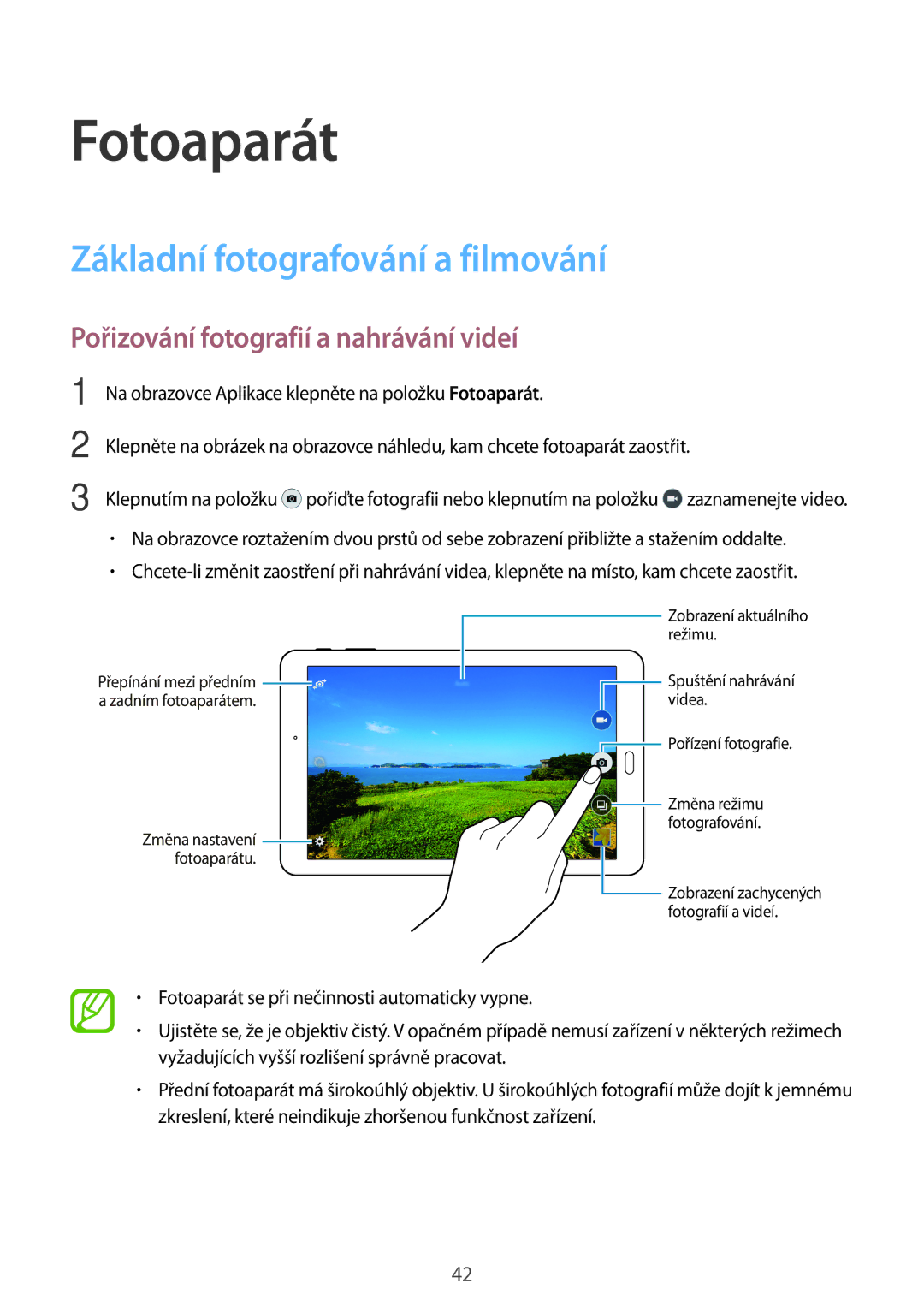 Samsung SM-T560NZKAXEZ manual Fotoaparát, Základní fotografování a filmování, Pořizování fotografií a nahrávání videí 