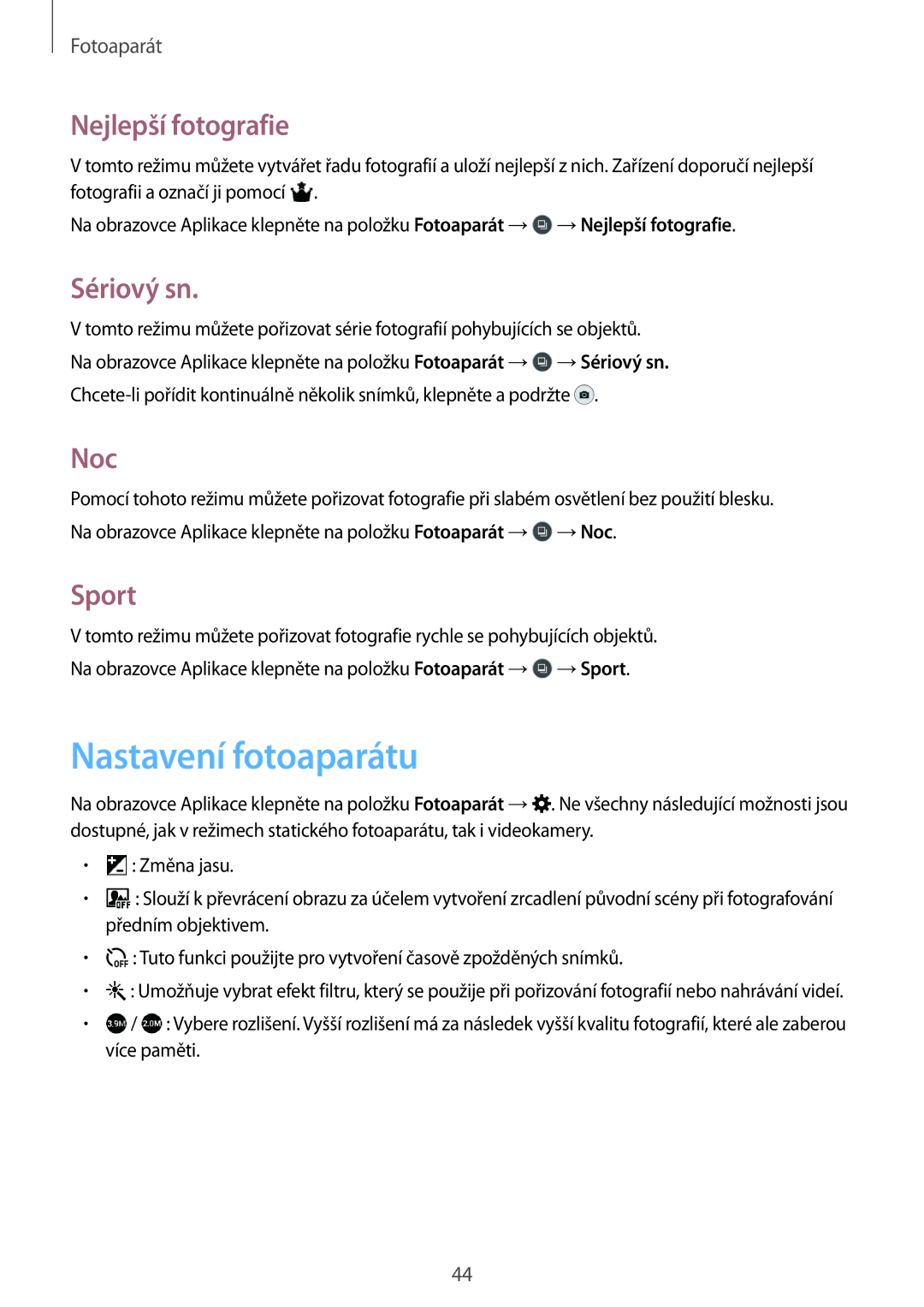 Samsung SM-T560NZKAXEZ manual Nastavení fotoaparátu, Nejlepší fotografie, Sériový sn, Noc, Sport 