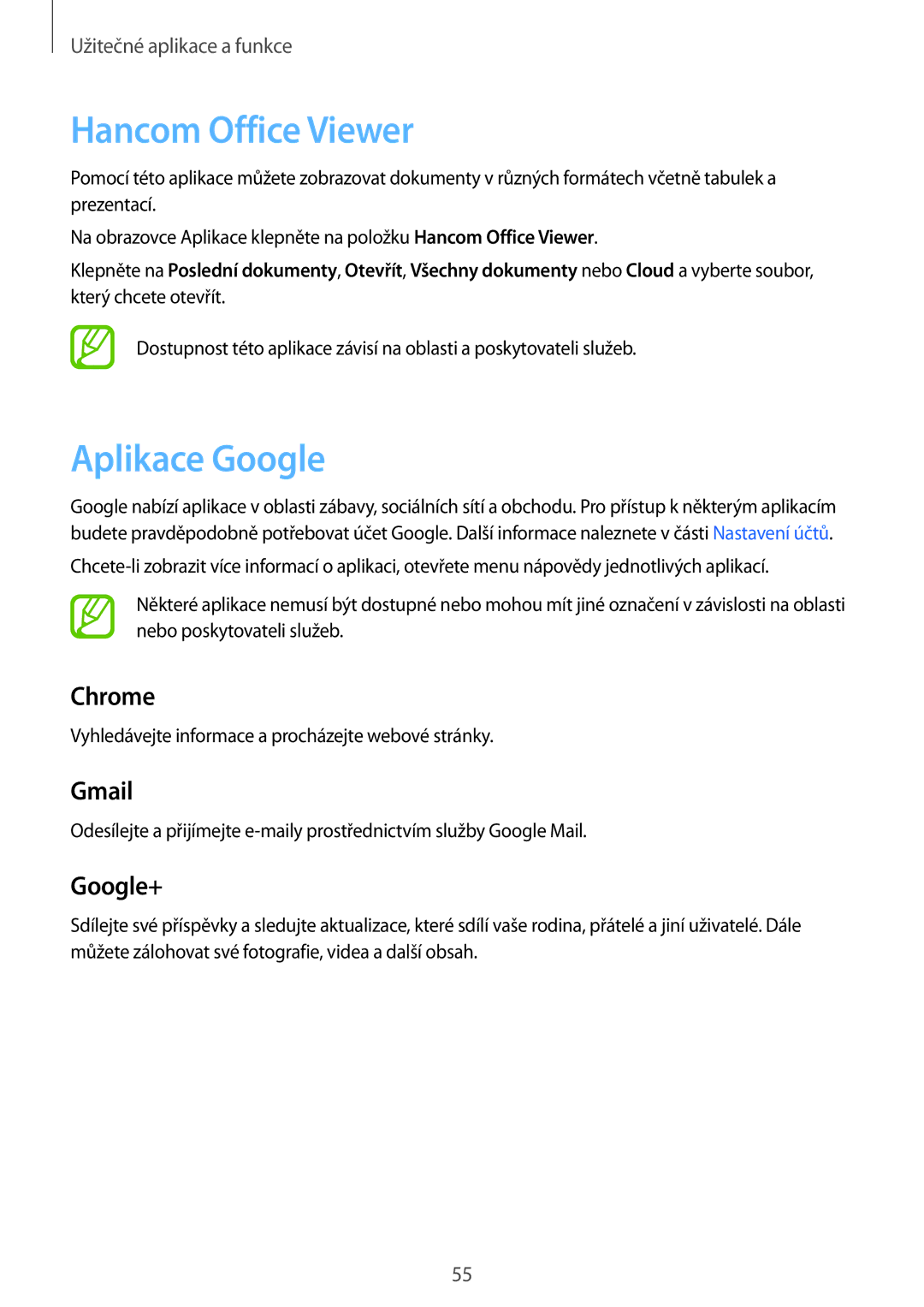 Samsung SM-T560NZKAXEZ manual Hancom Office Viewer, Aplikace Google 