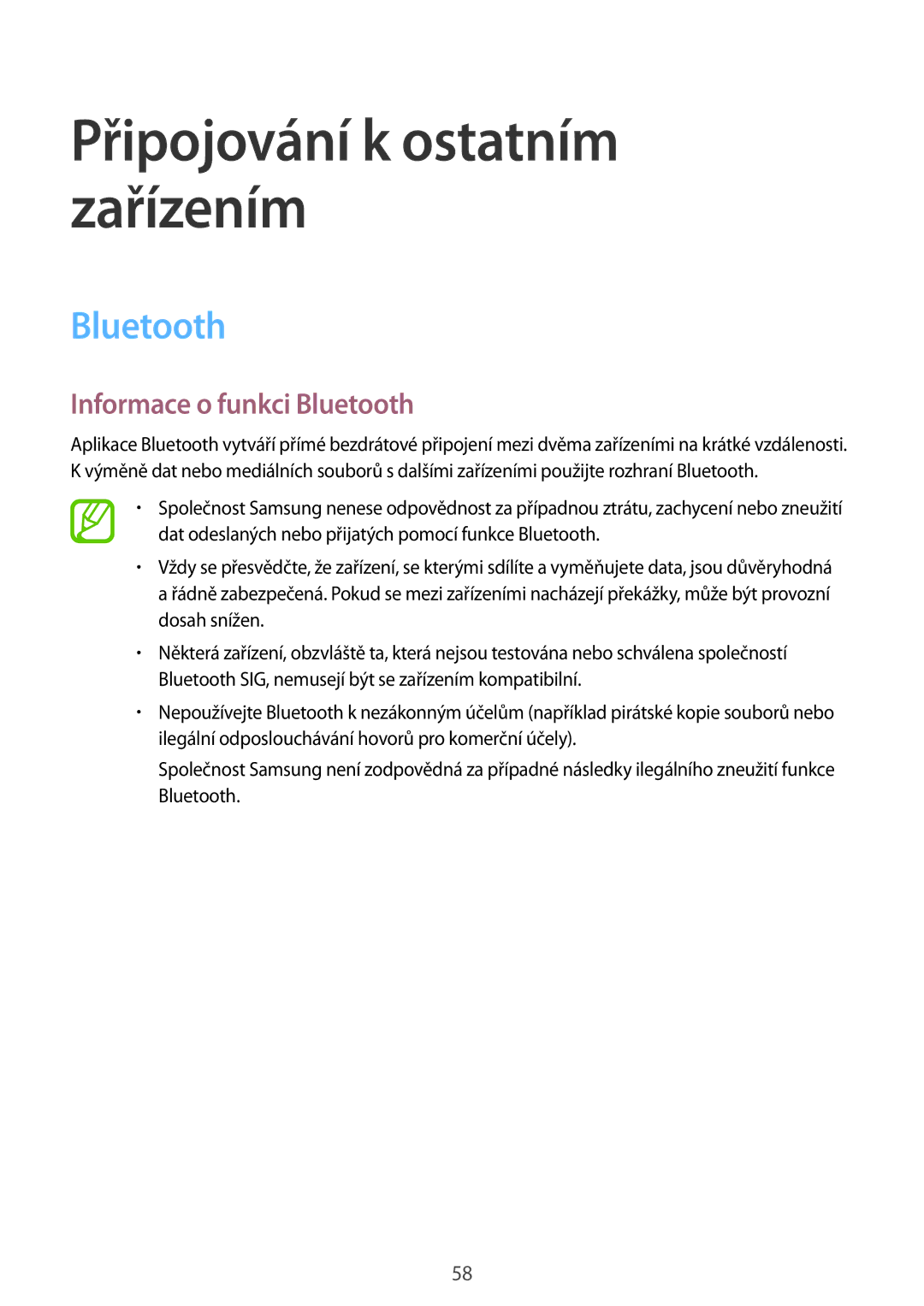 Samsung SM-T560NZKAXEZ manual Připojování k ostatním zařízením, Informace o funkci Bluetooth 