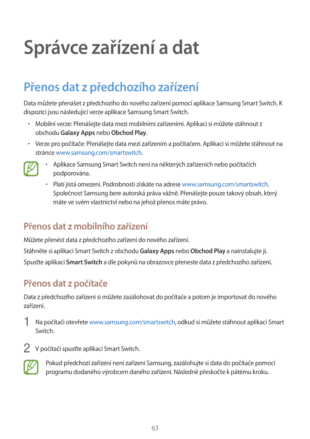 Samsung SM-T560NZKAXEZ manual Správce zařízení a dat, Přenos dat z předchozího zařízení, Přenos dat z mobilního zařízení 