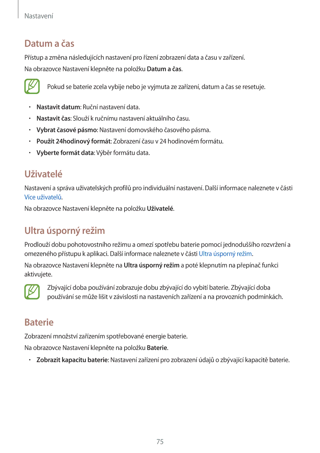 Samsung SM-T560NZKAXEZ manual Datum a čas, Uživatelé, Baterie 