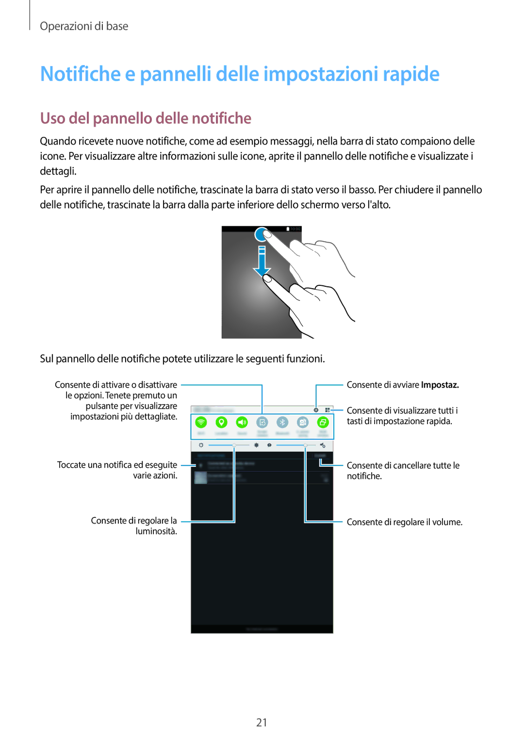 Samsung SM-T560NZWAITV manual Notifiche e pannelli delle impostazioni rapide, Uso del pannello delle notifiche 