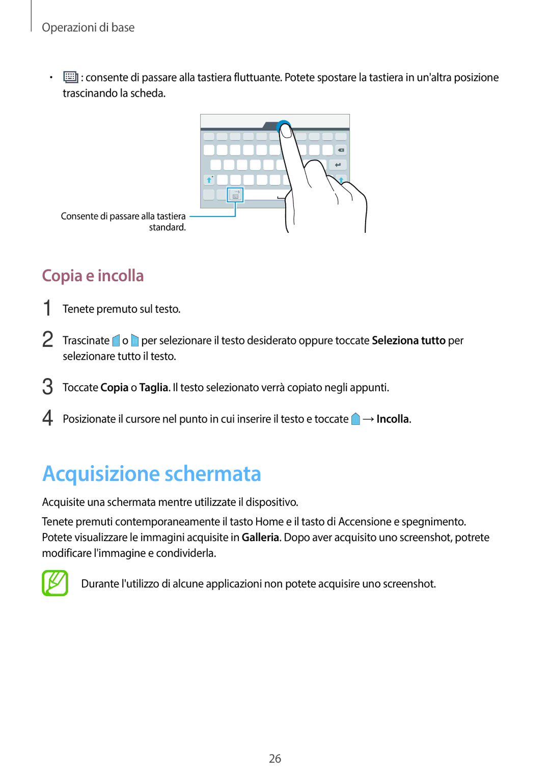 Samsung SM-T560NZWAITV manual Acquisizione schermata, Copia e incolla 