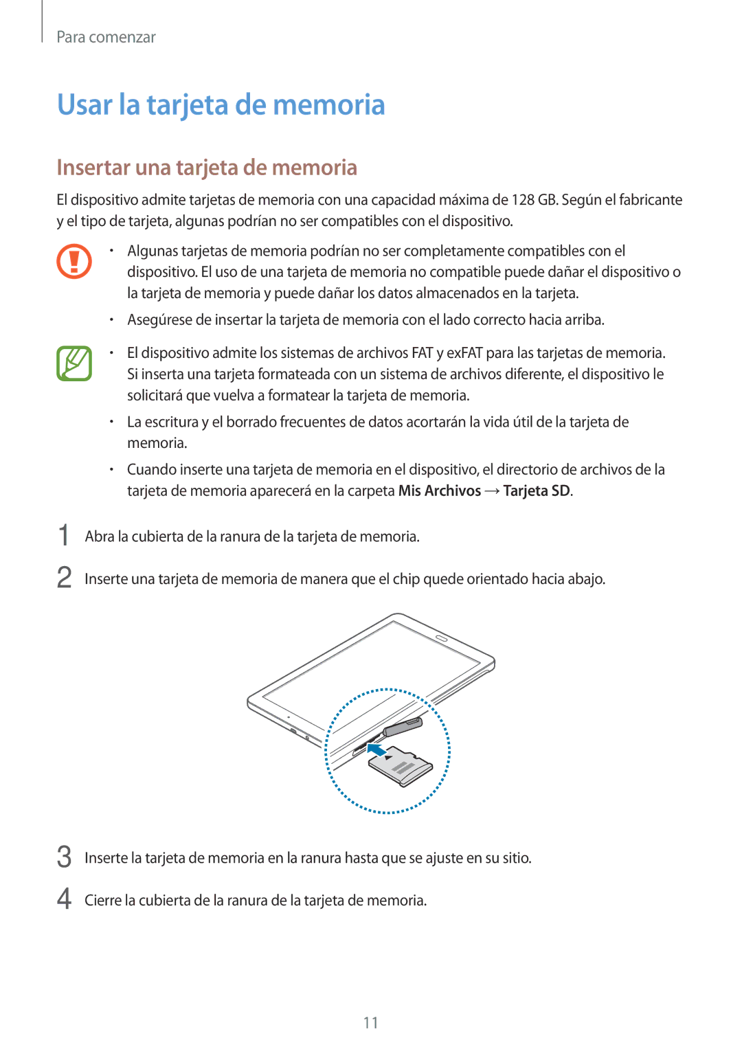 Samsung SM-T560NZKAPHE, SM-T560NZWAPHE manual Usar la tarjeta de memoria, Insertar una tarjeta de memoria 