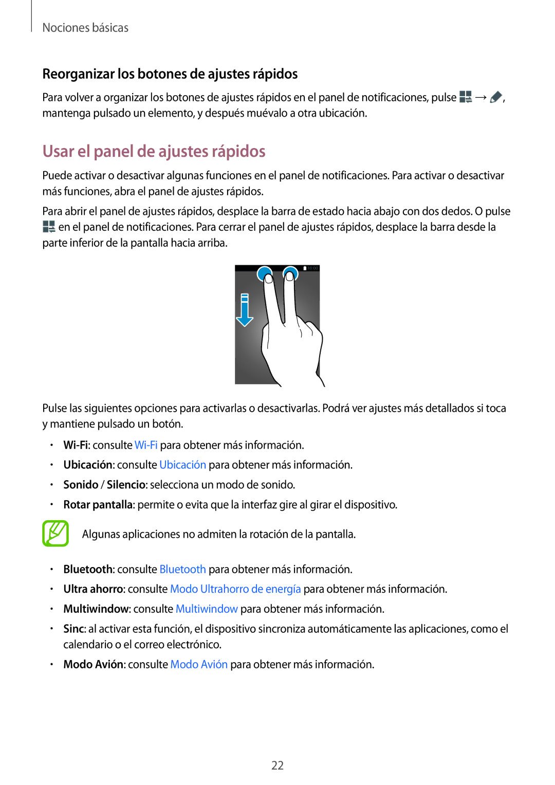 Samsung SM-T560NZWAPHE, SM-T560NZKAPHE manual Usar el panel de ajustes rápidos, Reorganizar los botones de ajustes rápidos 