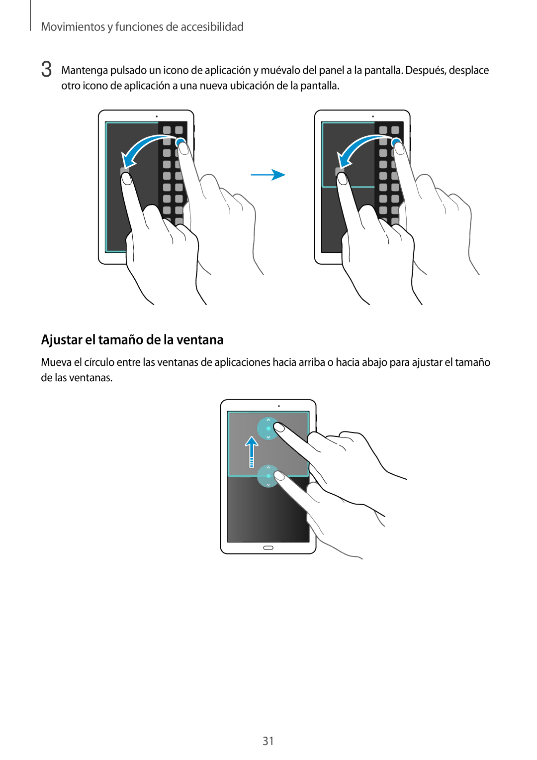 Samsung SM-T560NZKAPHE, SM-T560NZWAPHE manual Ajustar el tamaño de la ventana, Movimientos y funciones de accesibilidad 