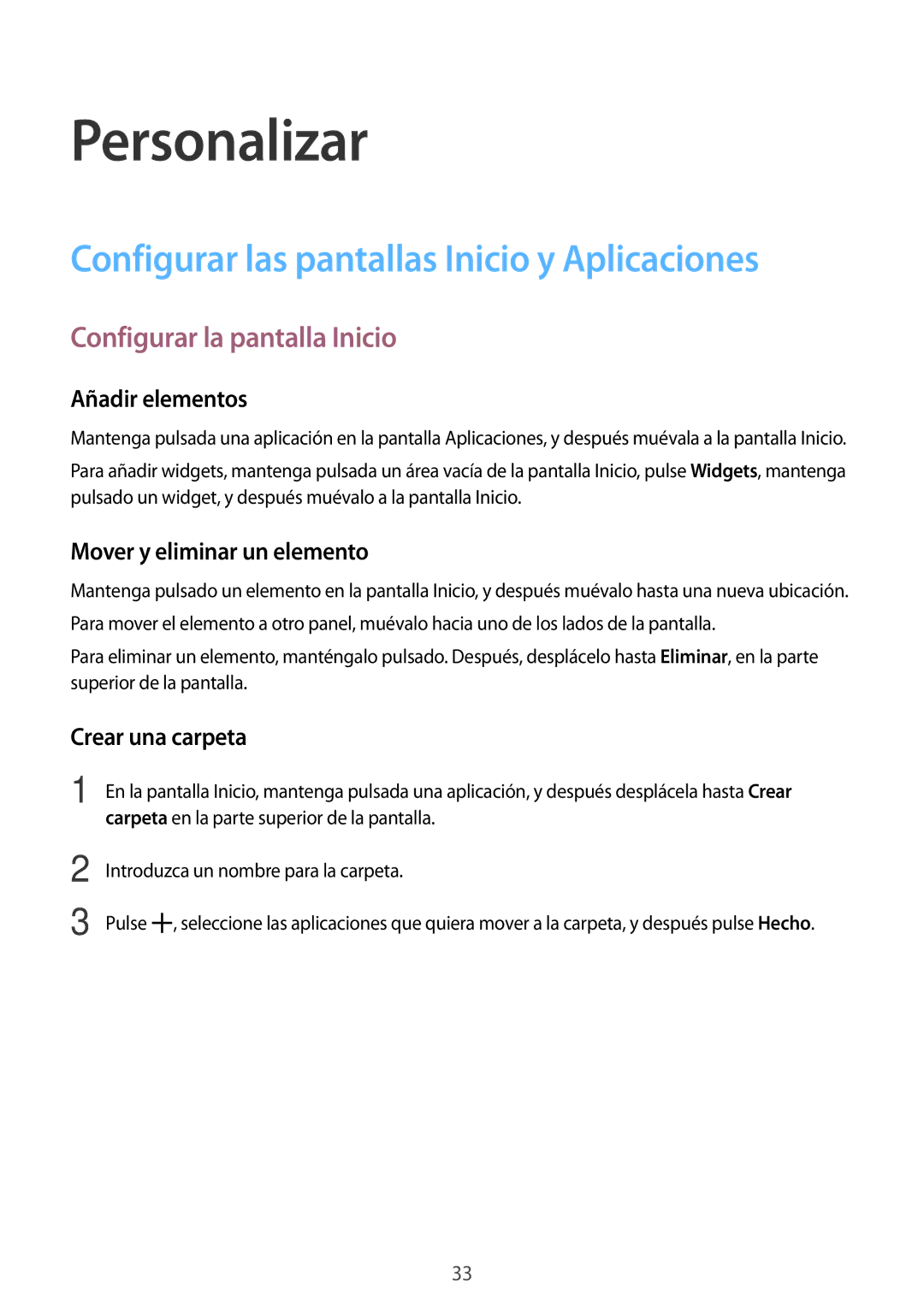 Samsung SM-T560NZKAPHE manual Personalizar, Configurar las pantallas Inicio y Aplicaciones, Configurar la pantalla Inicio 