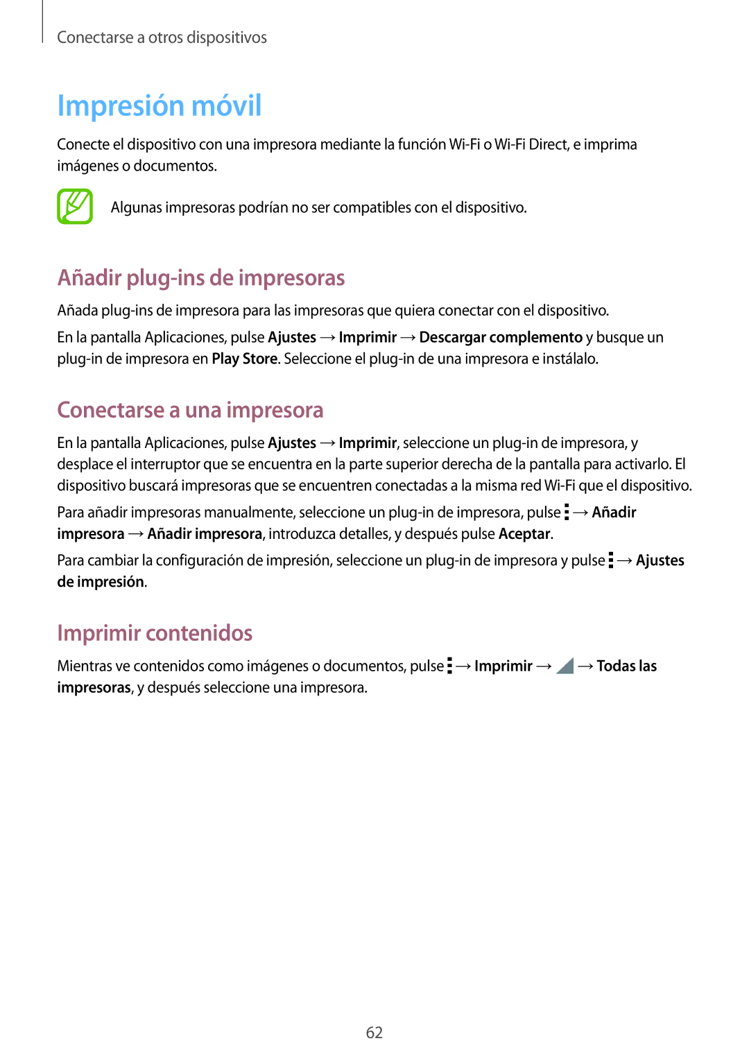 Samsung SM-T560NZWAPHE Impresión móvil, Añadir plug-ins de impresoras, Conectarse a una impresora, Imprimir contenidos 
