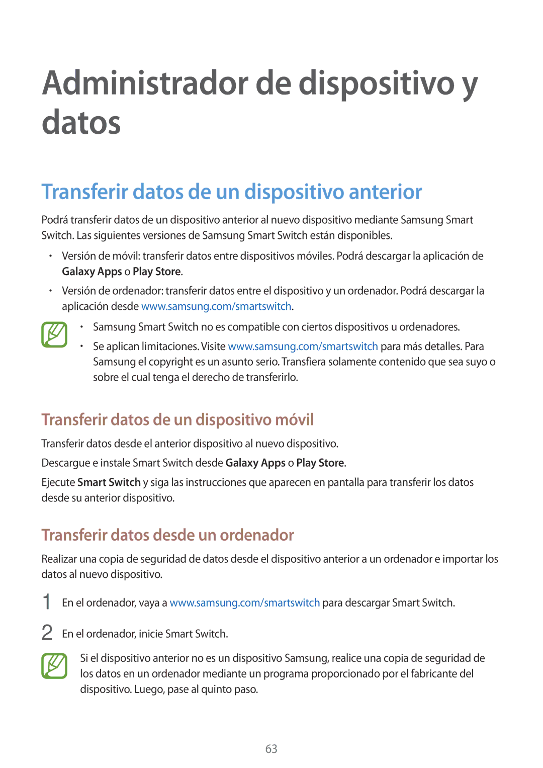 Samsung SM-T560NZKAPHE, SM-T560NZWAPHE Administrador de dispositivo y datos, Transferir datos de un dispositivo anterior 