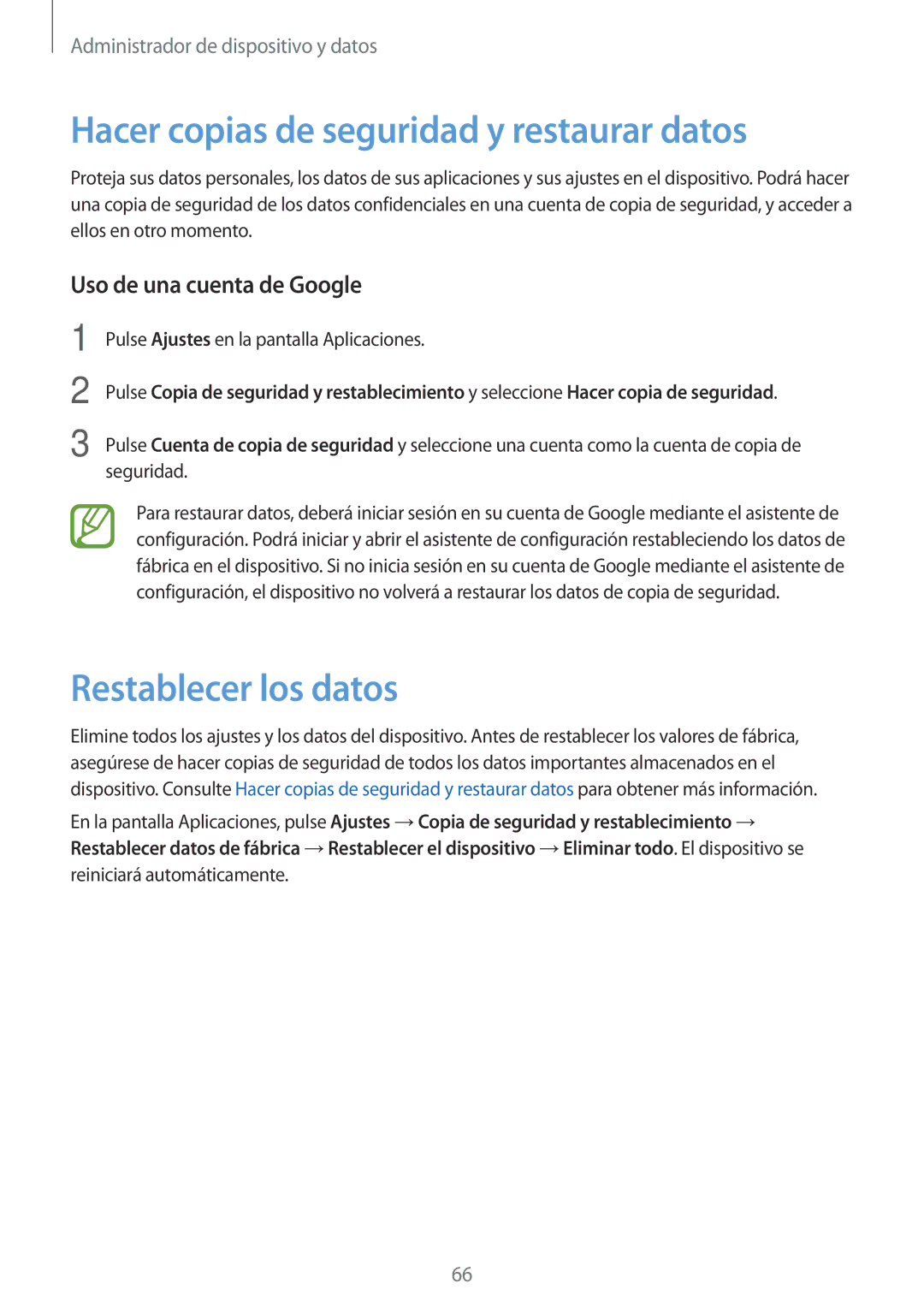 Samsung SM-T560NZWAPHE Hacer copias de seguridad y restaurar datos, Restablecer los datos, Uso de una cuenta de Google 