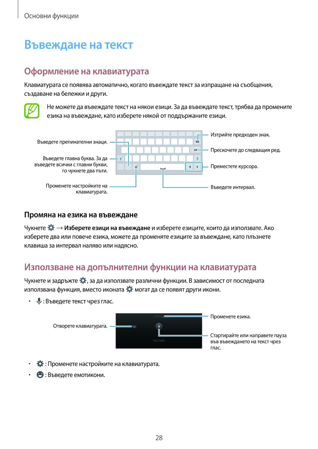 Samsung SM-T561NZKABGL Въвеждане на текст, Оформление на клавиатурата, Използване на допълнителни функции на клавиатурата 