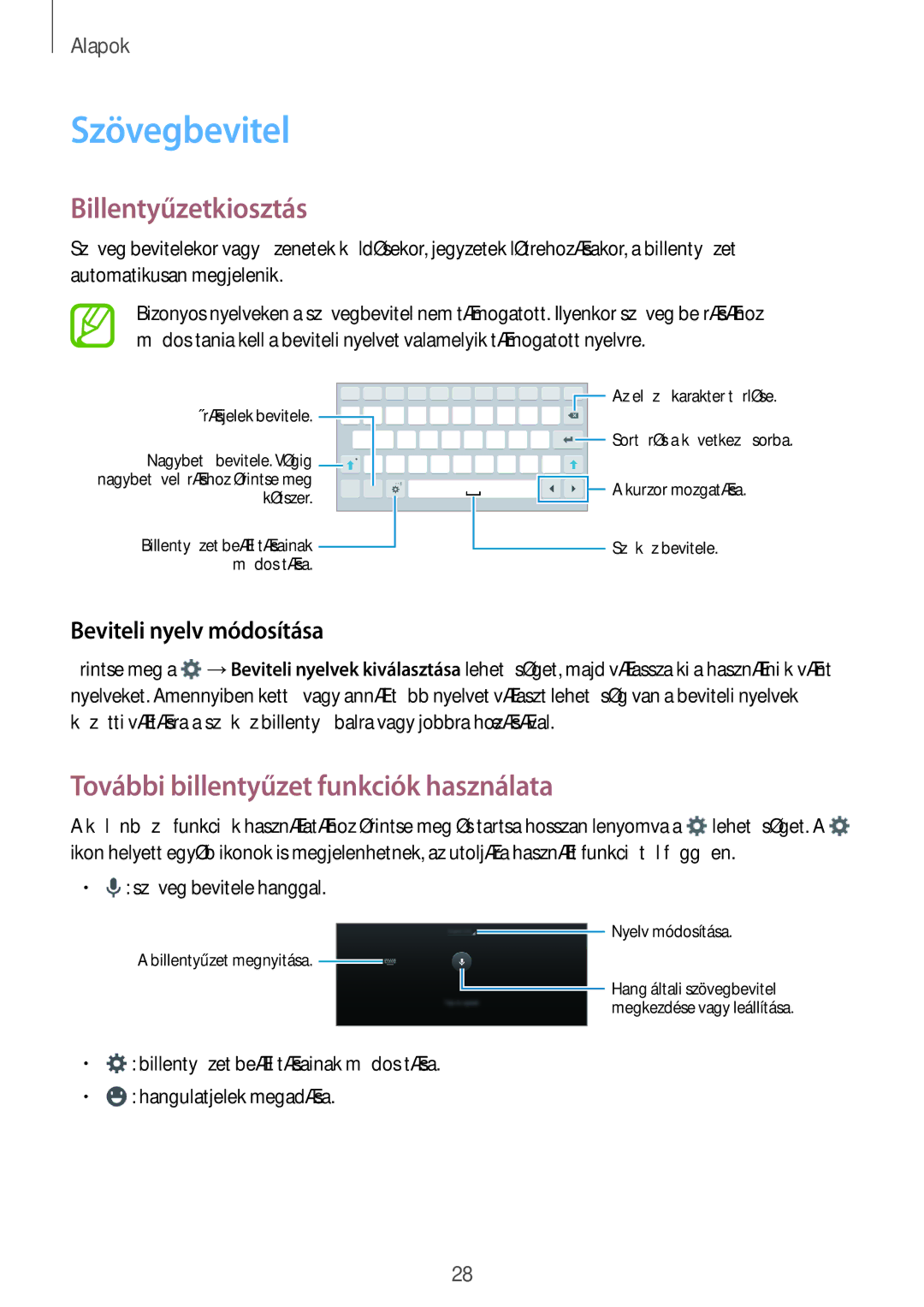 Samsung SM-T561NZKAXEH manual Szövegbevitel, Billentyűzetkiosztás, További billentyűzet funkciók használata 