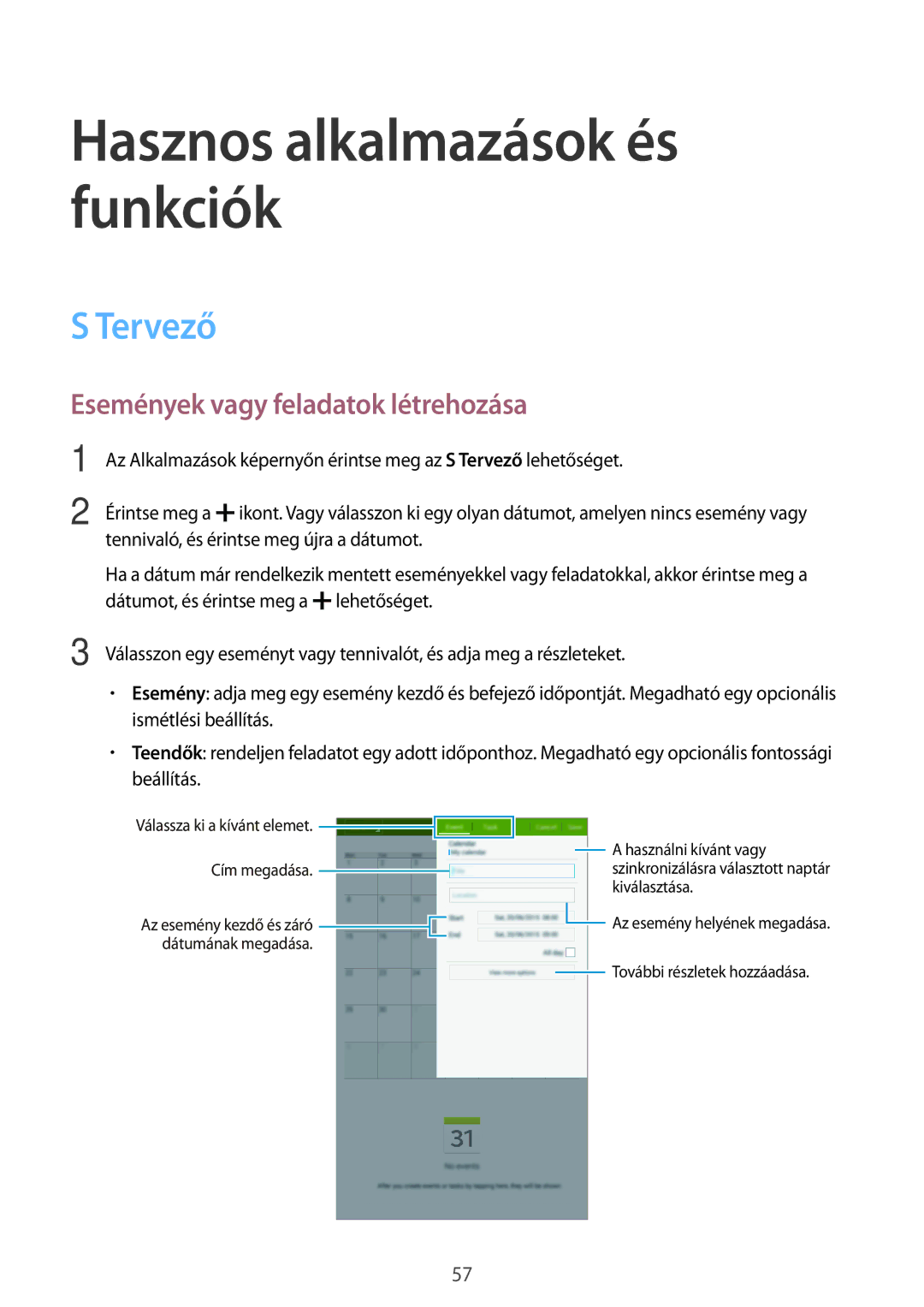 Samsung SM-T561NZKAXEH manual Tervező, Események vagy feladatok létrehozása 