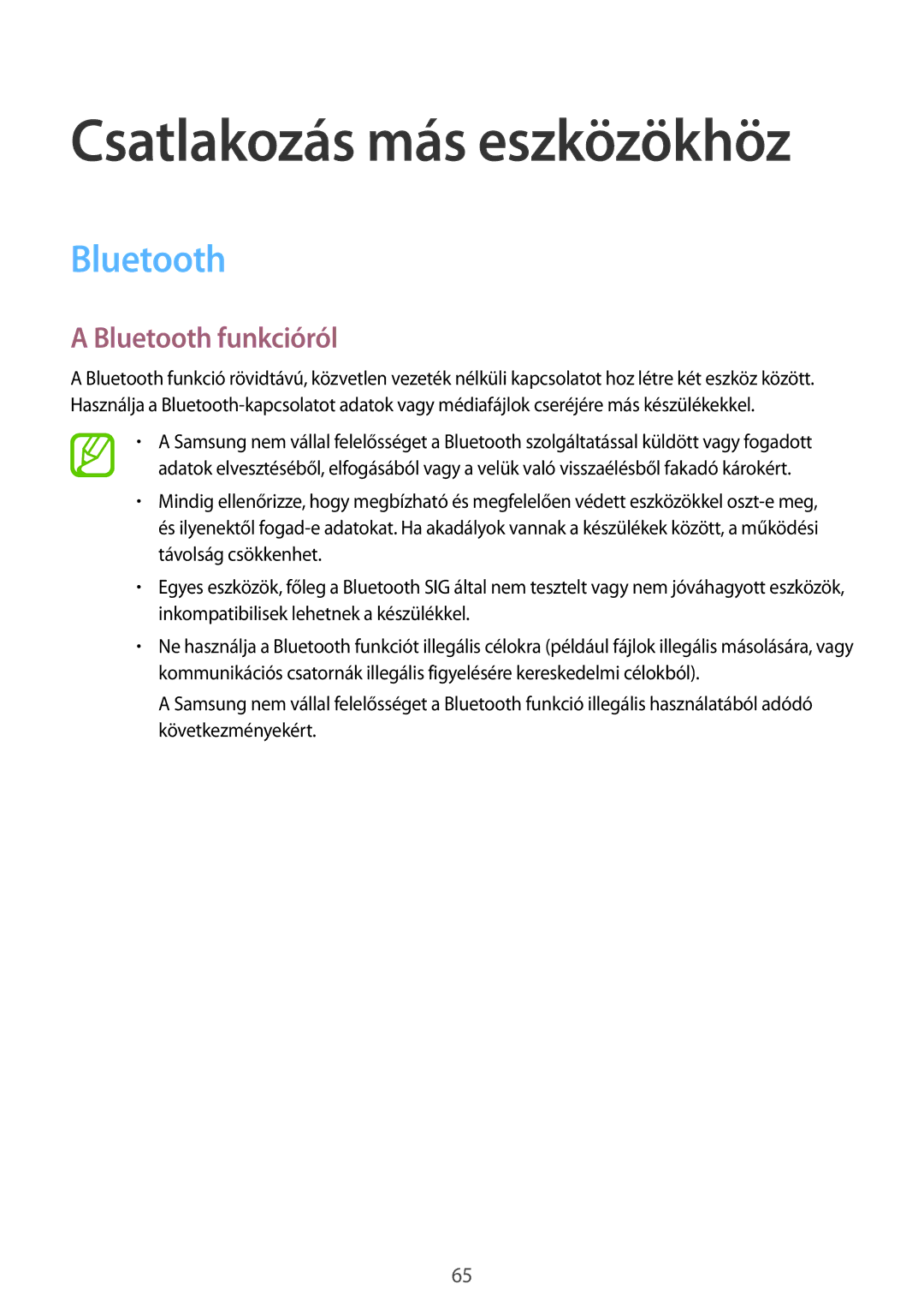 Samsung SM-T561NZKAXEH manual Bluetooth funkcióról 