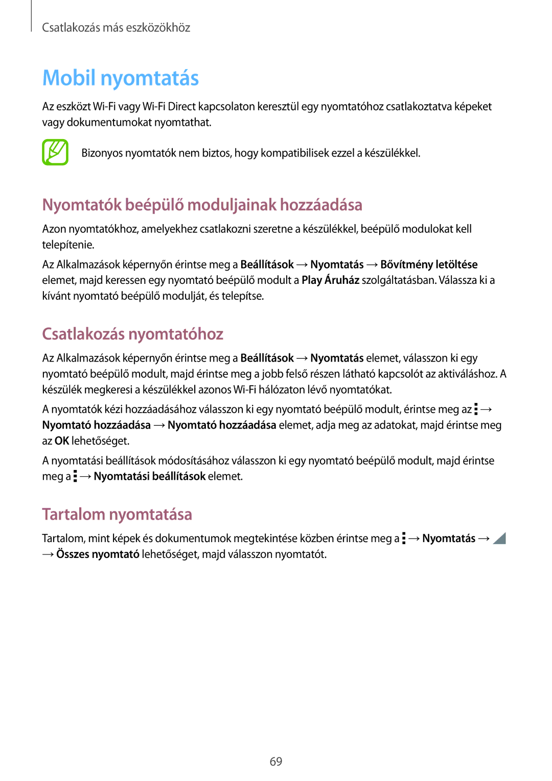 Samsung SM-T561NZKAXEH manual Mobil nyomtatás, Nyomtatók beépülő moduljainak hozzáadása, Csatlakozás nyomtatóhoz 