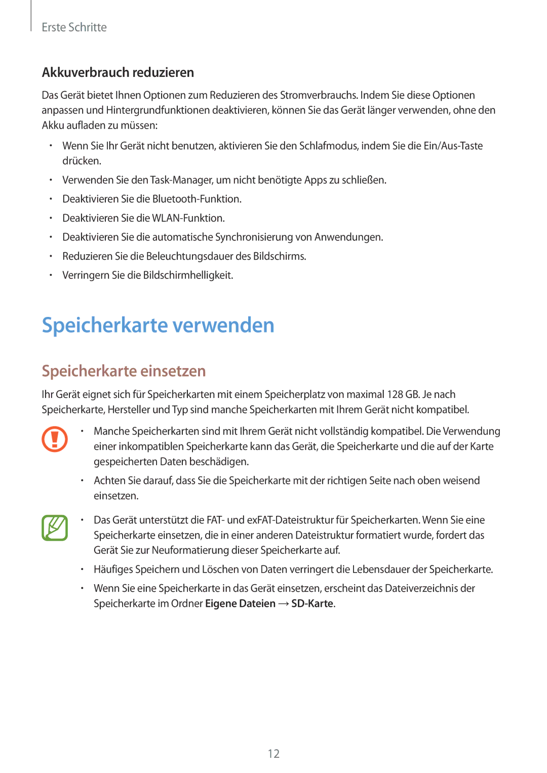 Samsung SM-T561NZWADBT, SM-T561NZKADBT manual Speicherkarte verwenden, Speicherkarte einsetzen, Akkuverbrauch reduzieren 