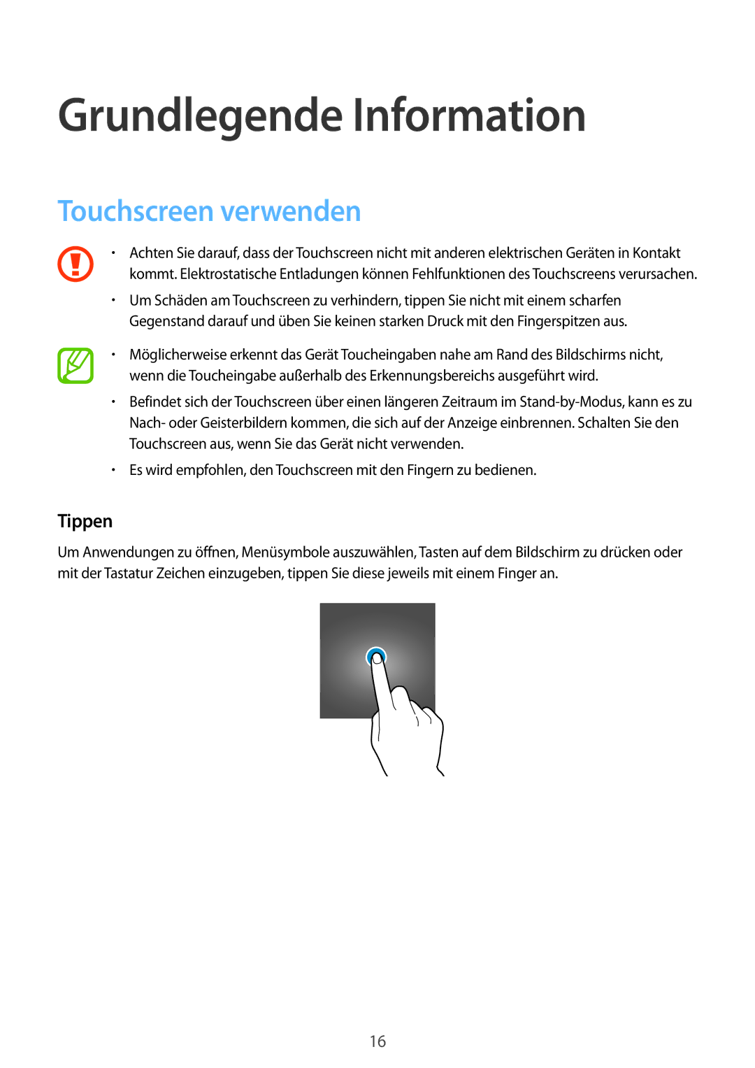 Samsung SM-T561NZWADBT, SM-T561NZKADBT manual Grundlegende Information, Touchscreen verwenden, Tippen 