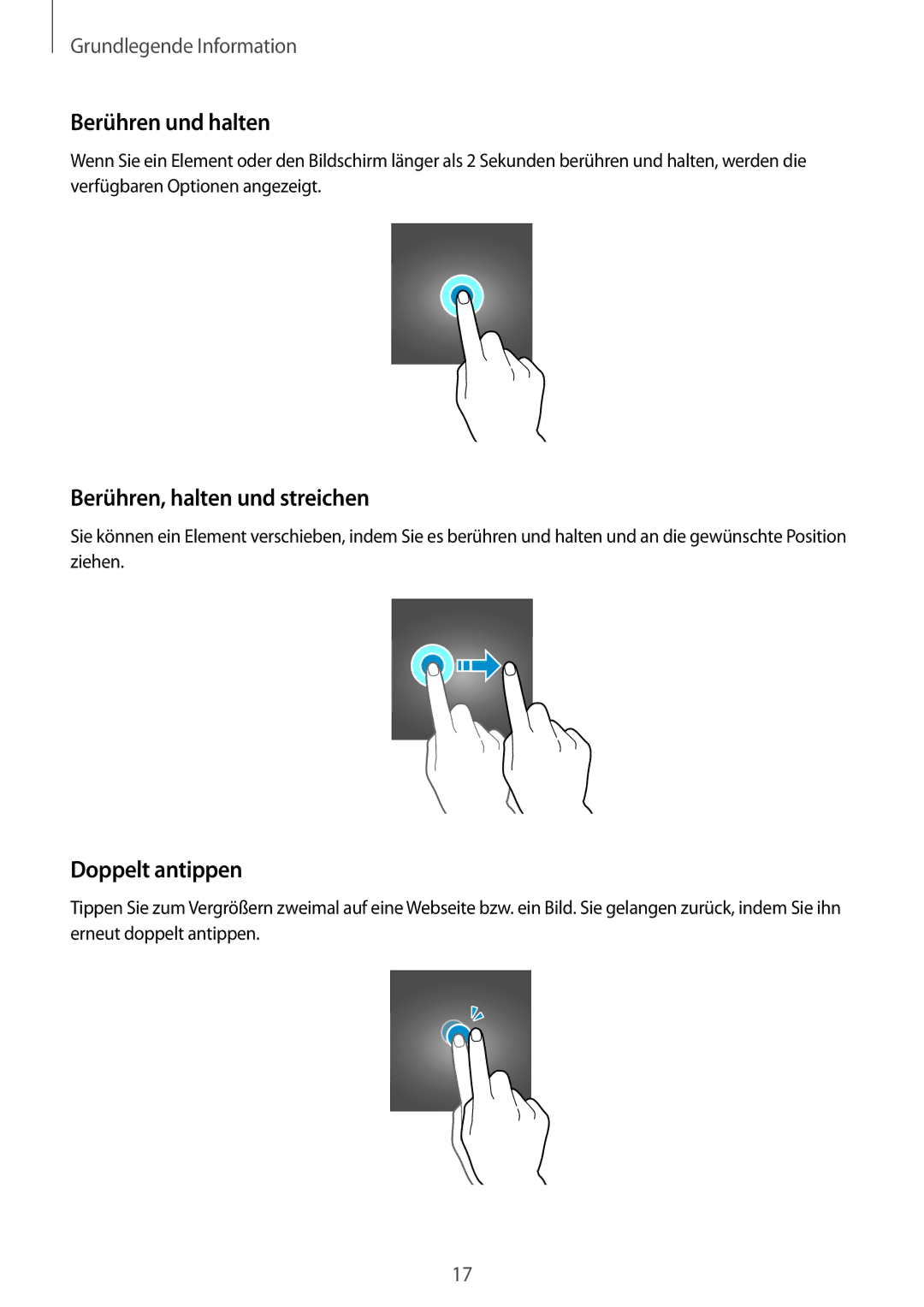 Samsung SM-T561NZKADBT, SM-T561NZWADBT manual Berühren und halten, Berühren, halten und streichen, Doppelt antippen 