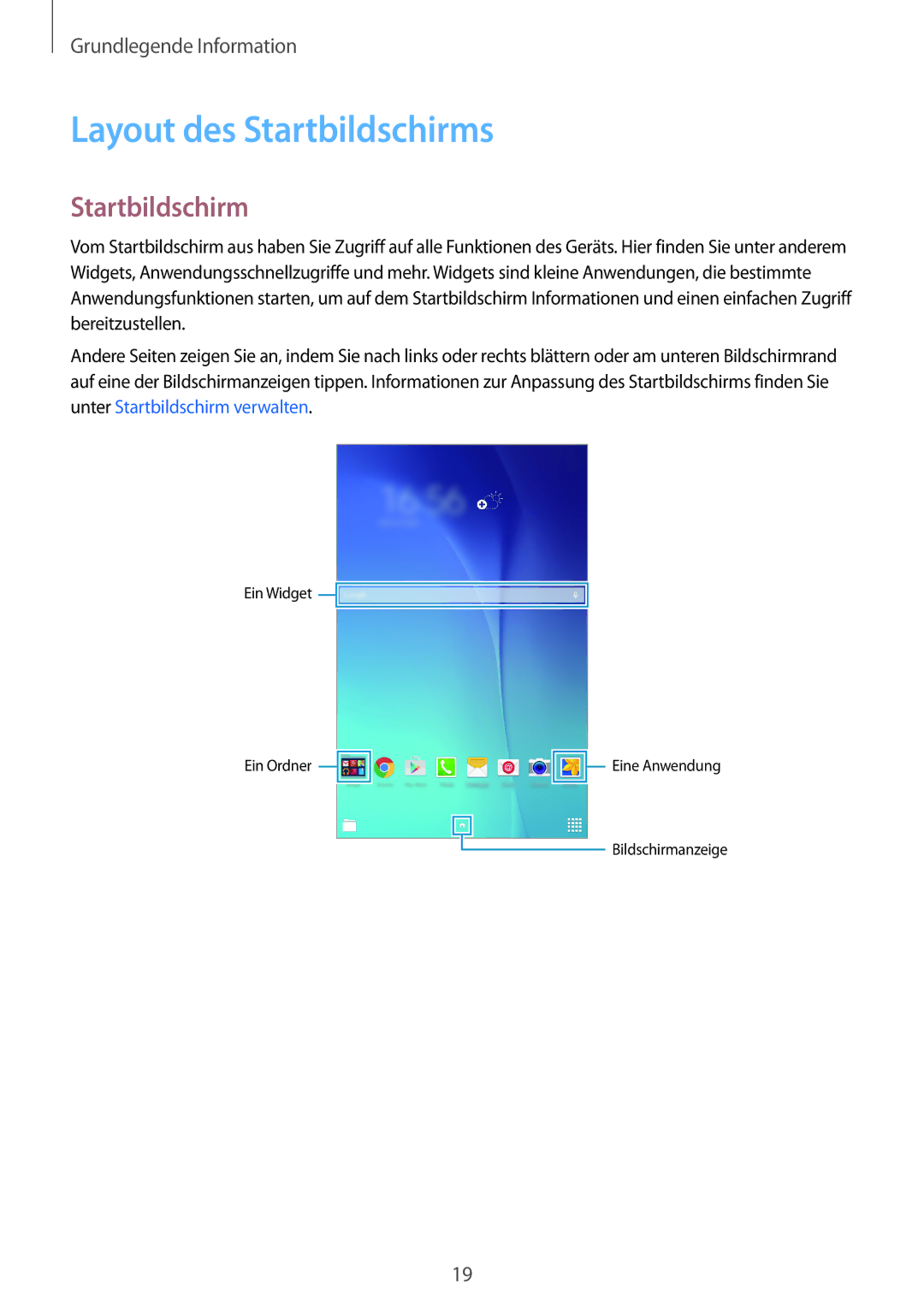 Samsung SM-T561NZKADBT, SM-T561NZWADBT manual Layout des Startbildschirms 