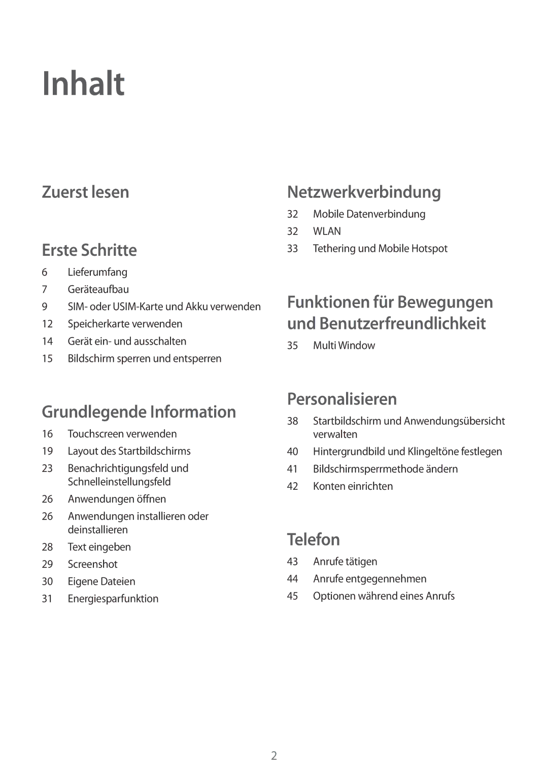 Samsung SM-T561NZWADBT, SM-T561NZKADBT manual Inhalt, Zuerst lesen Erste Schritte 