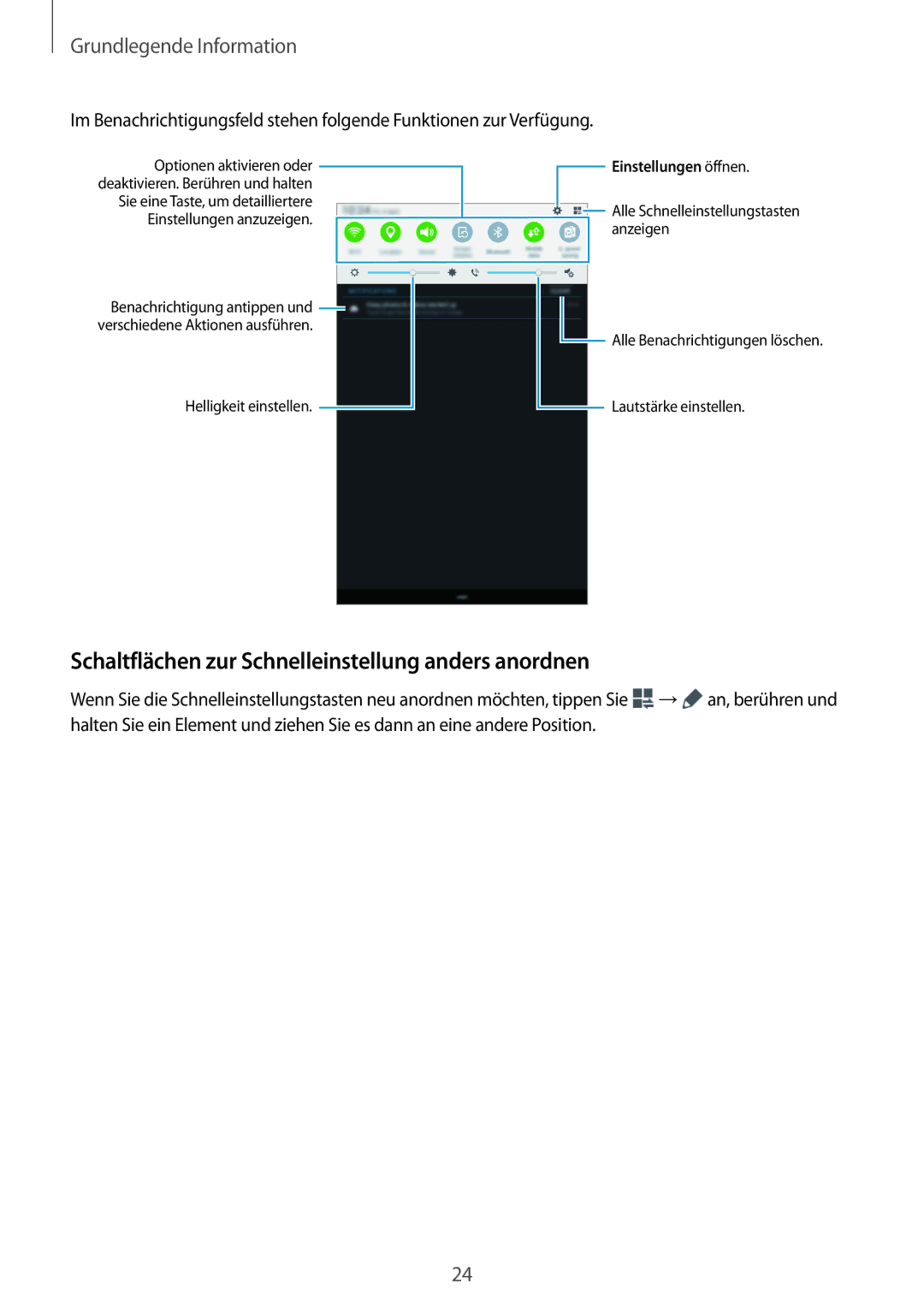 Samsung SM-T561NZWADBT, SM-T561NZKADBT manual Schaltflächen zur Schnelleinstellung anders anordnen, Einstellungen öffnen 