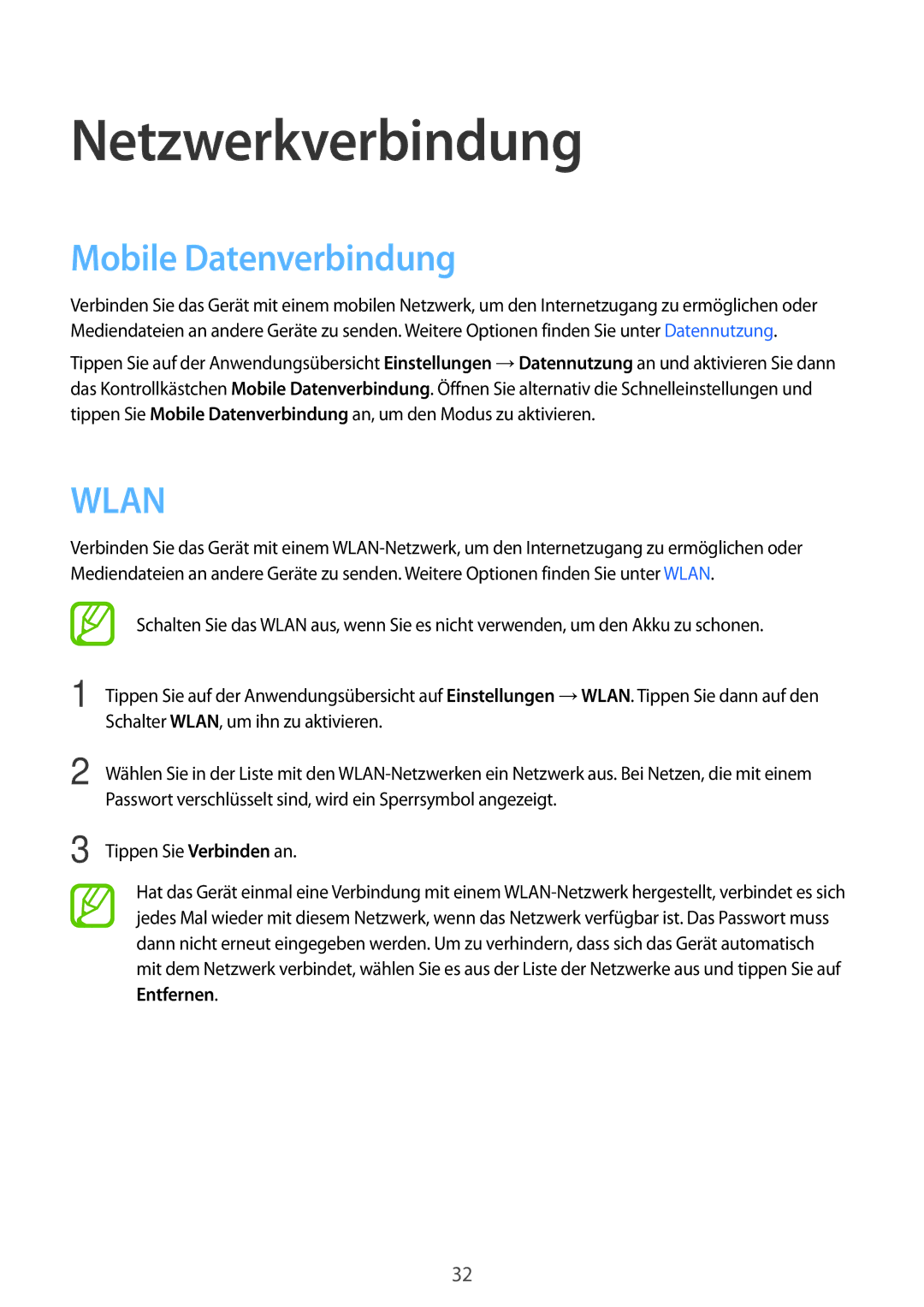 Samsung SM-T561NZWADBT, SM-T561NZKADBT manual Netzwerkverbindung, Mobile Datenverbindung 