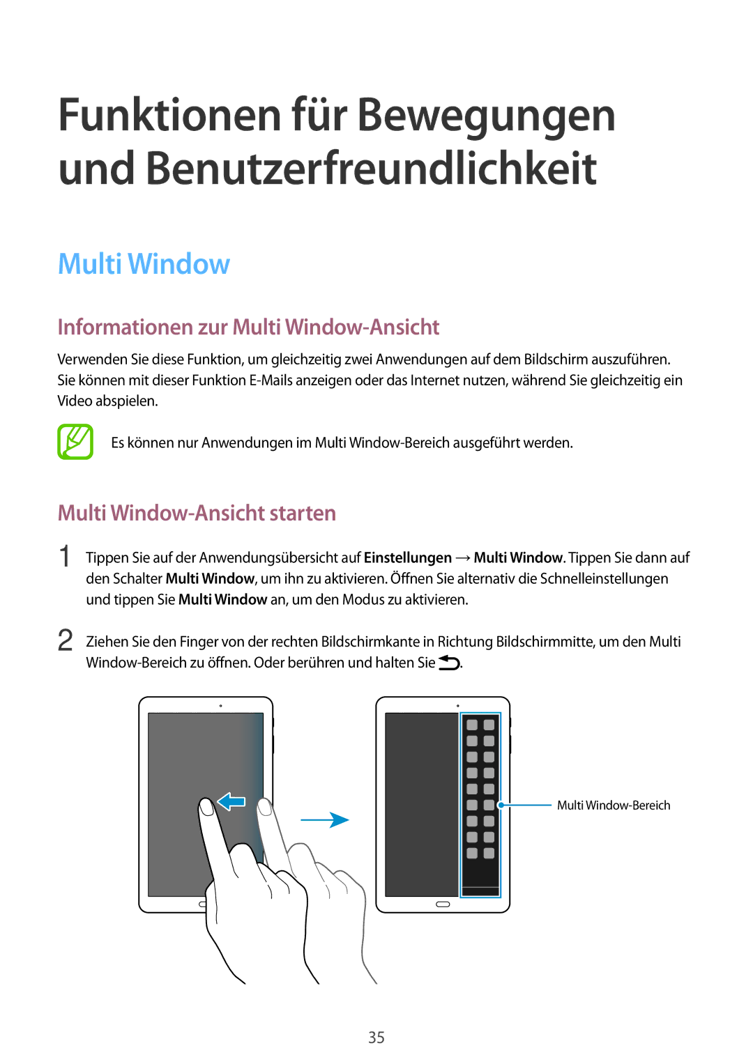 Samsung SM-T561NZKADBT, SM-T561NZWADBT manual Informationen zur Multi Window-Ansicht, Multi Window-Ansicht starten 