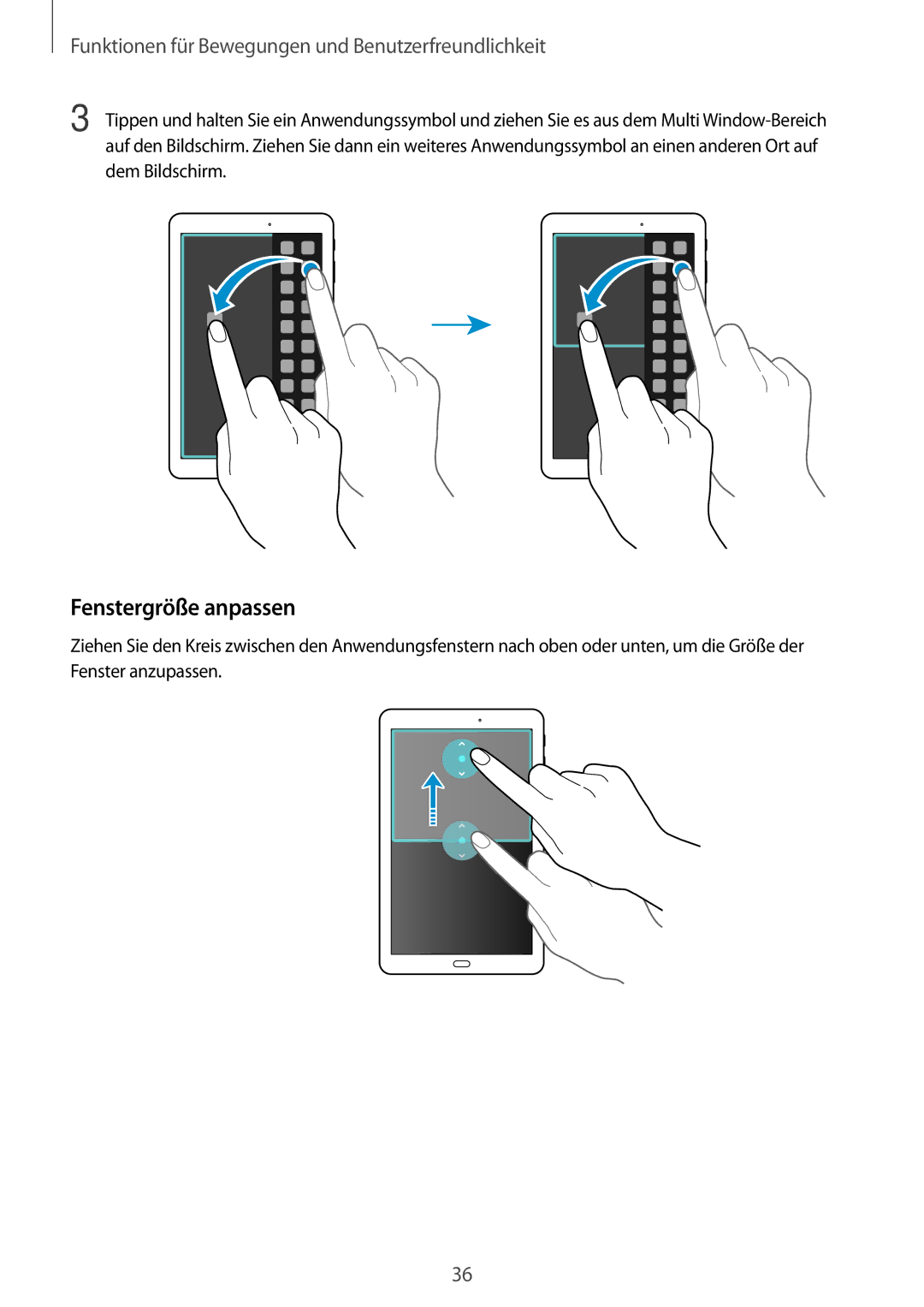 Samsung SM-T561NZWADBT, SM-T561NZKADBT manual Fenstergröße anpassen, Funktionen für Bewegungen und Benutzerfreundlichkeit 