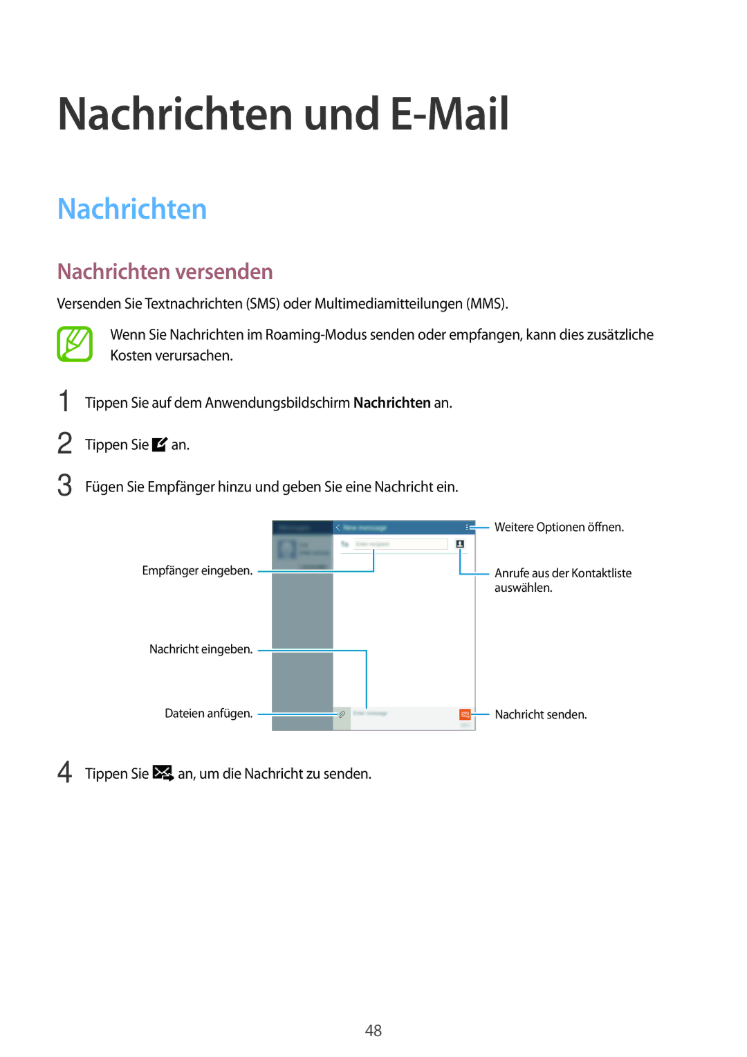 Samsung SM-T561NZWADBT, SM-T561NZKADBT manual Nachrichten und E-Mail, Nachrichten versenden 