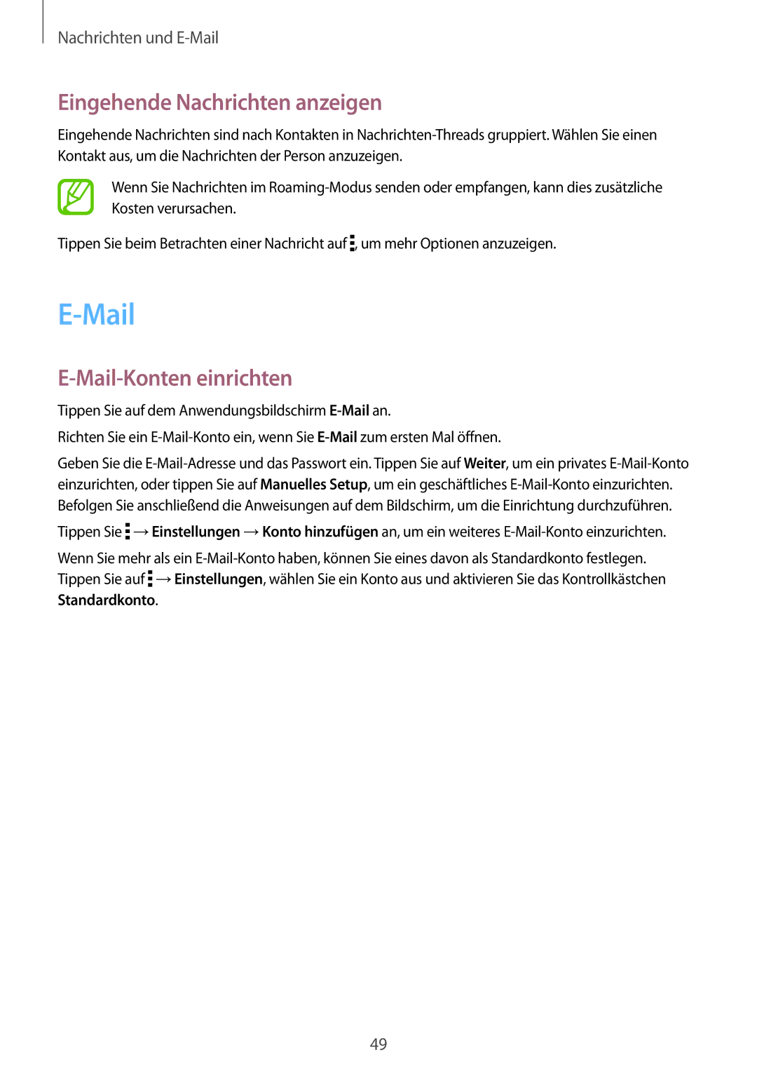 Samsung SM-T561NZKADBT, SM-T561NZWADBT manual Eingehende Nachrichten anzeigen, Mail-Konten einrichten 