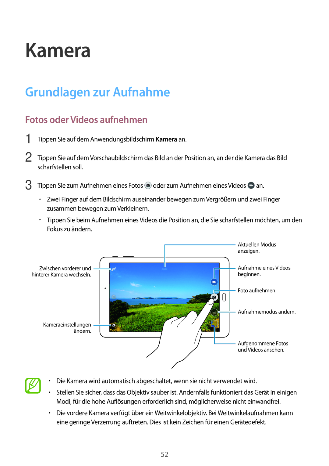 Samsung SM-T561NZWADBT, SM-T561NZKADBT manual Kamera, Grundlagen zur Aufnahme, Fotos oder Videos aufnehmen 