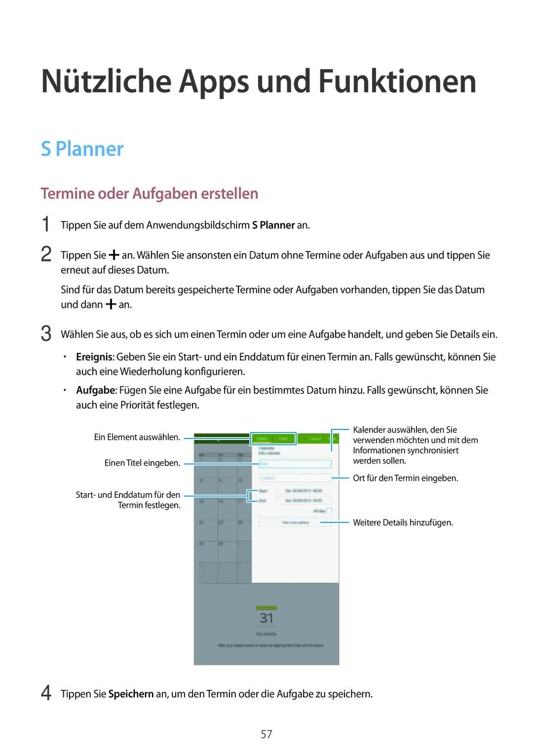 Samsung SM-T561NZKADBT, SM-T561NZWADBT manual Planner, Termine oder Aufgaben erstellen 