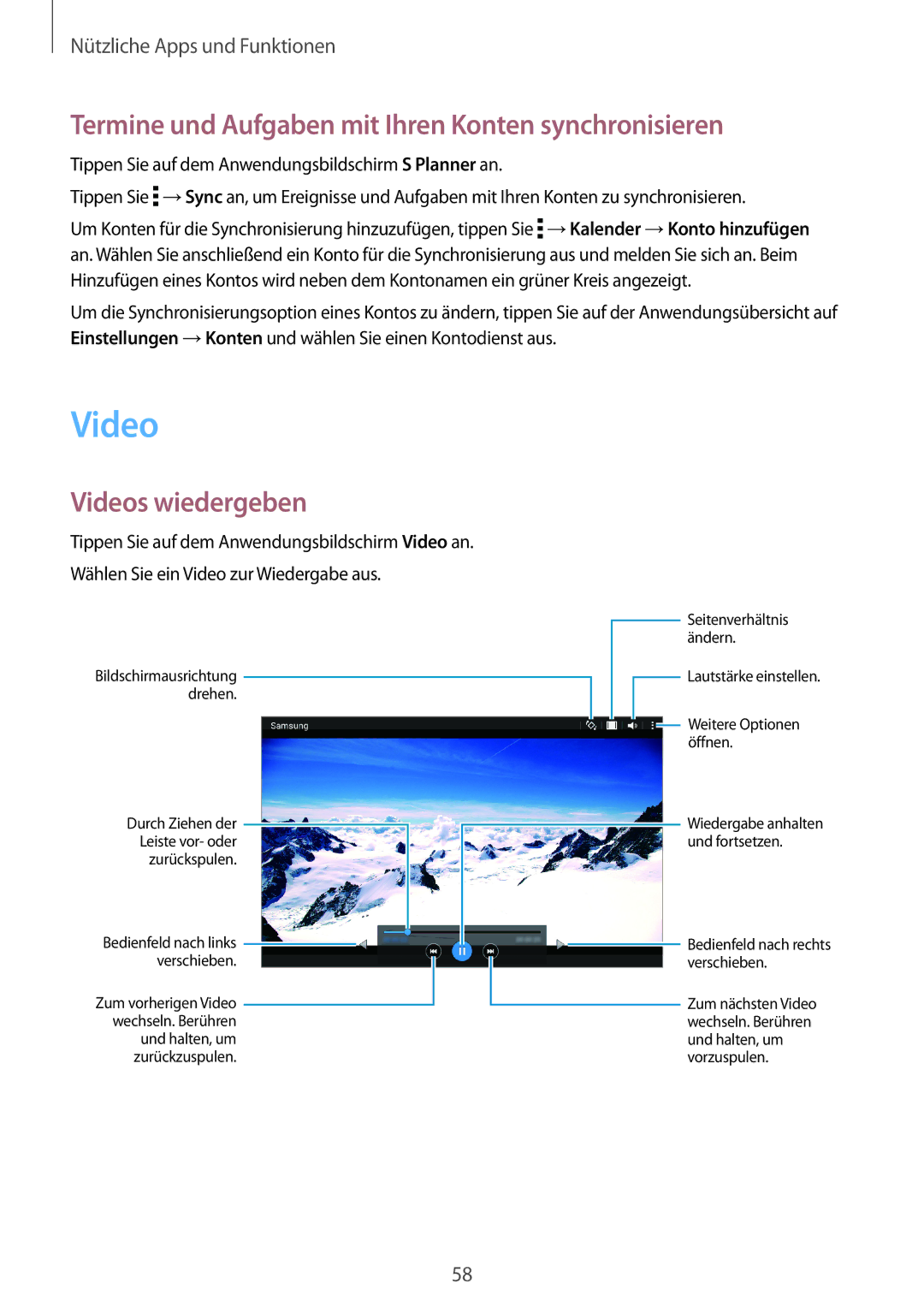 Samsung SM-T561NZWADBT, SM-T561NZKADBT manual Termine und Aufgaben mit Ihren Konten synchronisieren, Videos wiedergeben 