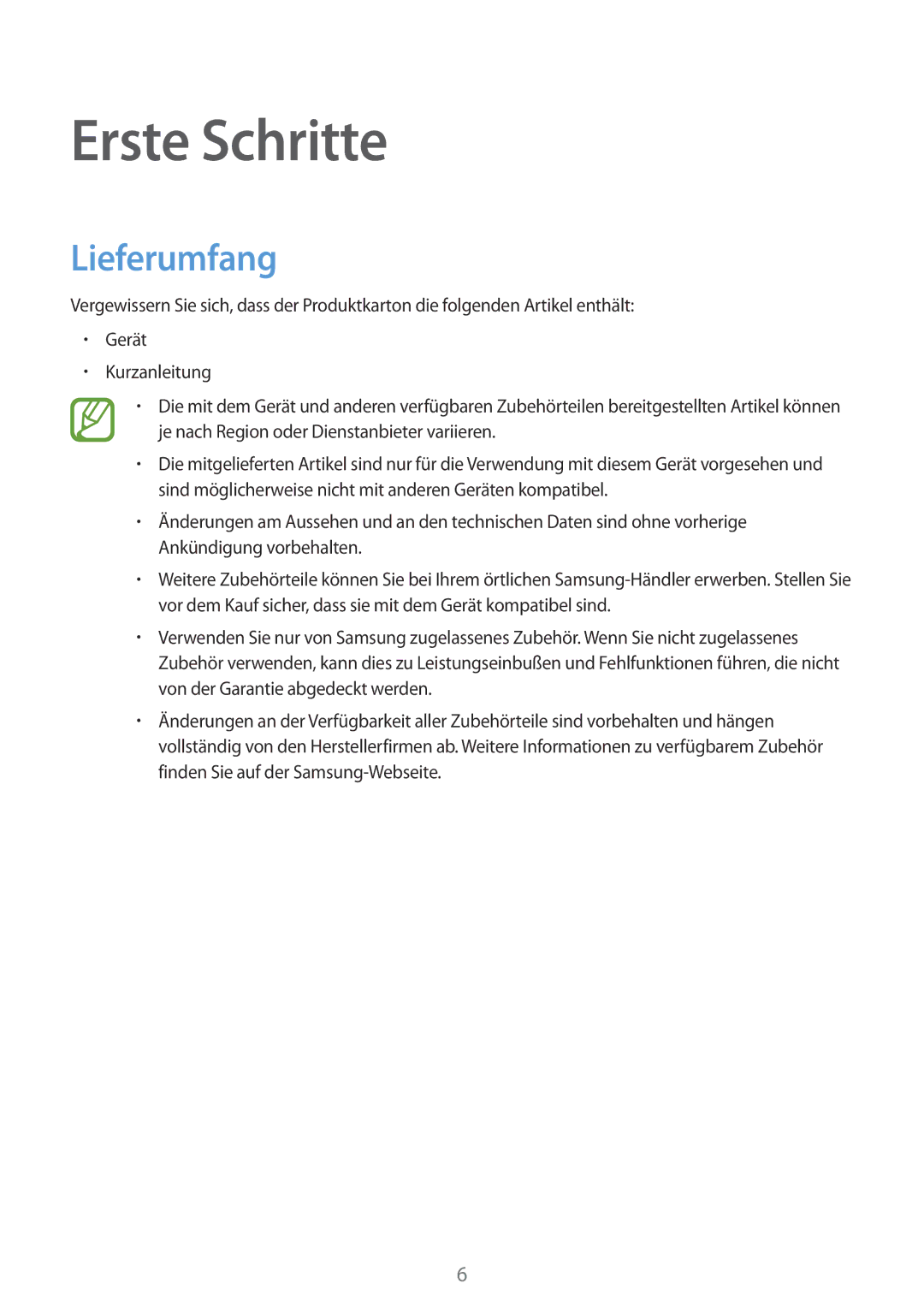 Samsung SM-T561NZWADBT, SM-T561NZKADBT manual Erste Schritte, Lieferumfang 