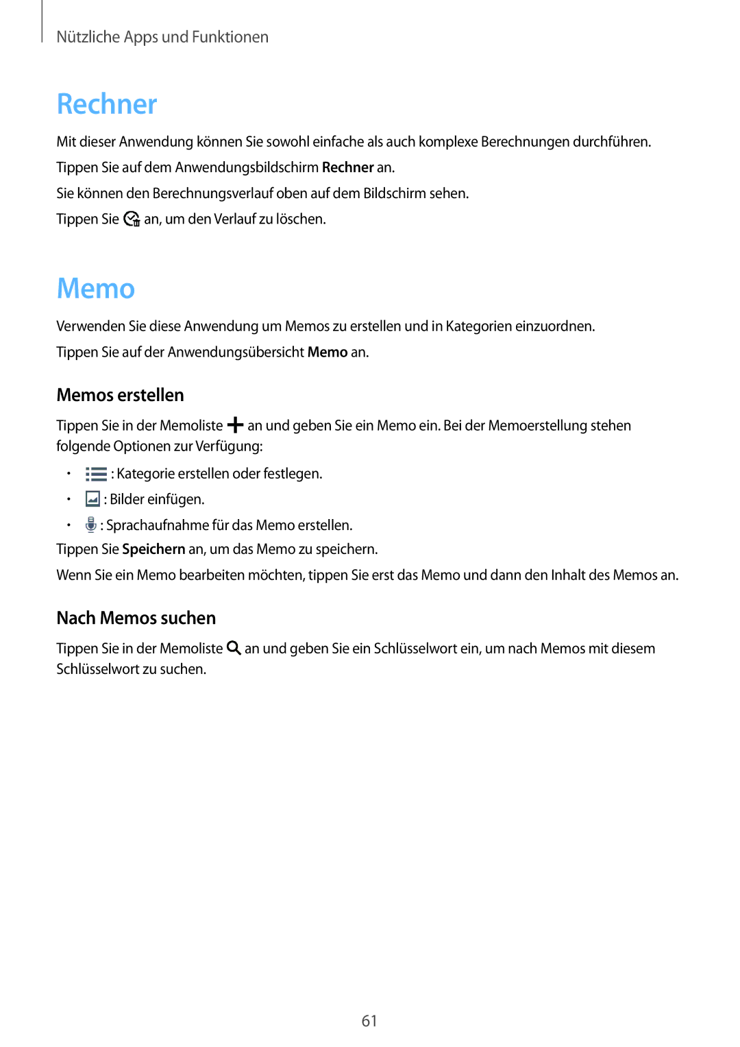 Samsung SM-T561NZKADBT, SM-T561NZWADBT manual Rechner, Memos erstellen, Nach Memos suchen 