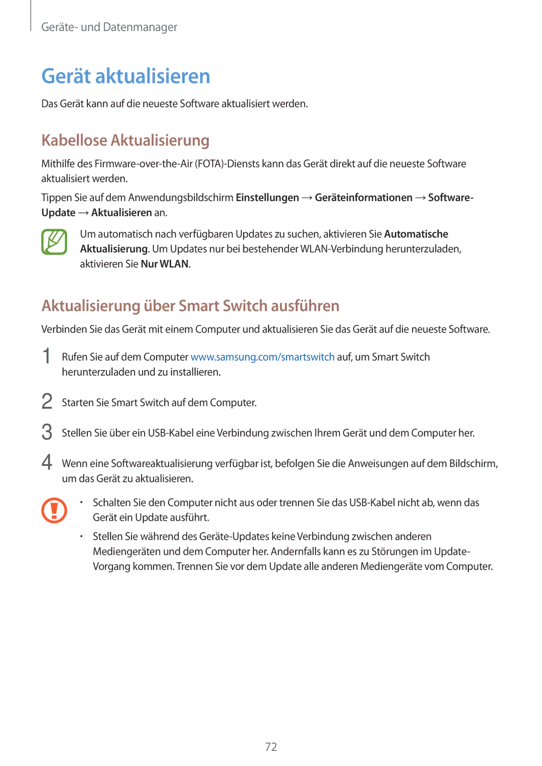 Samsung SM-T561NZWADBT manual Gerät aktualisieren, Kabellose Aktualisierung, Aktualisierung über Smart Switch ausführen 