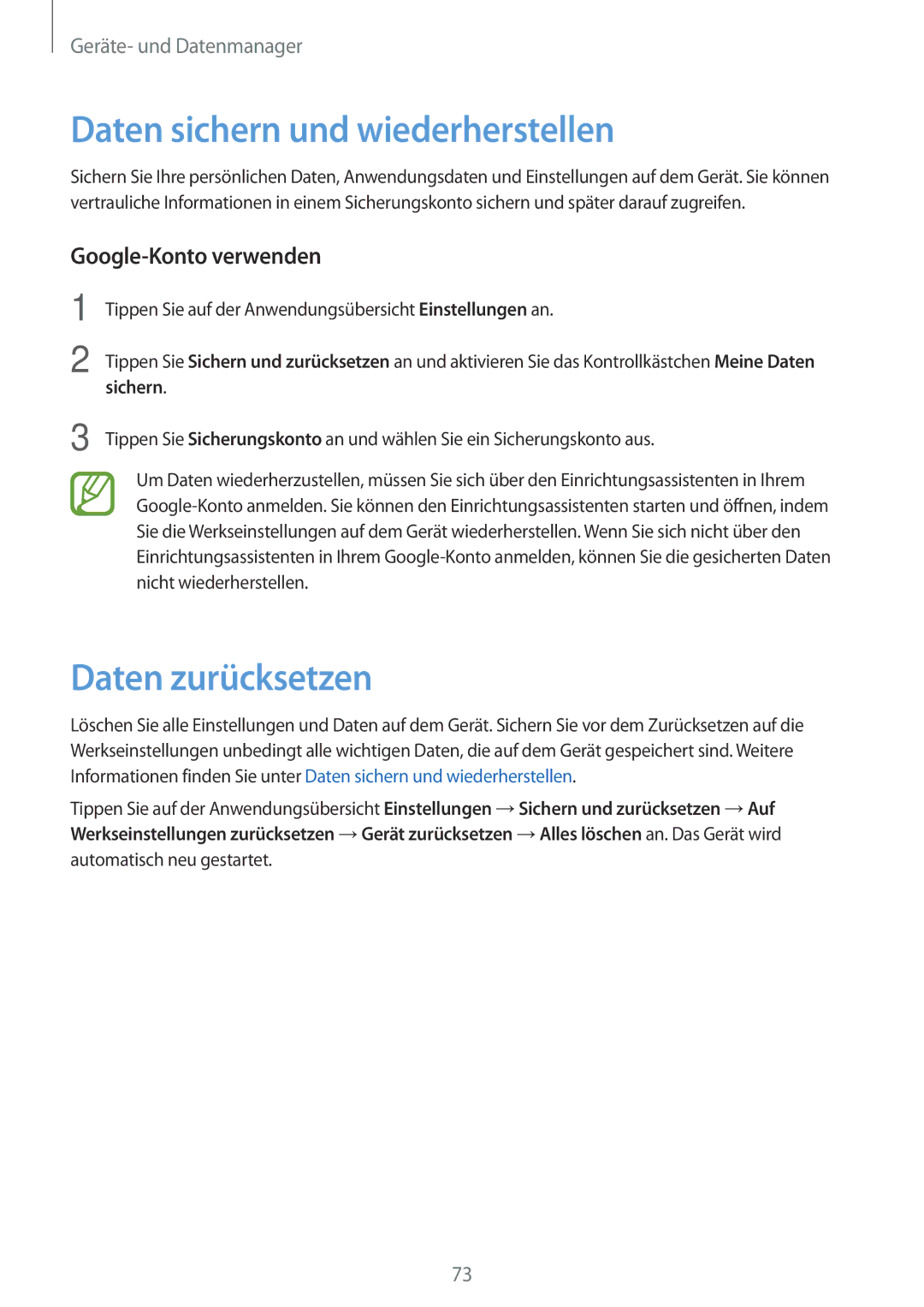 Samsung SM-T561NZKADBT, SM-T561NZWADBT manual Daten sichern und wiederherstellen, Daten zurücksetzen, Google-Konto verwenden 