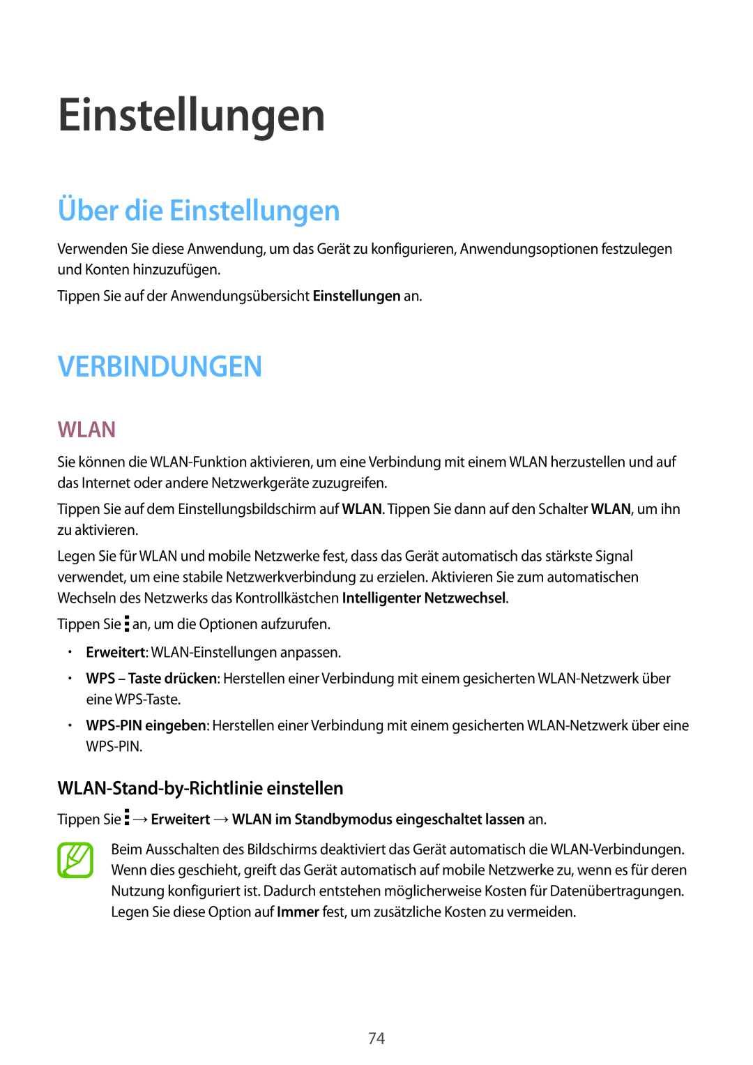 Samsung SM-T561NZWADBT, SM-T561NZKADBT manual Über die Einstellungen, WLAN-Stand-by-Richtlinie einstellen 