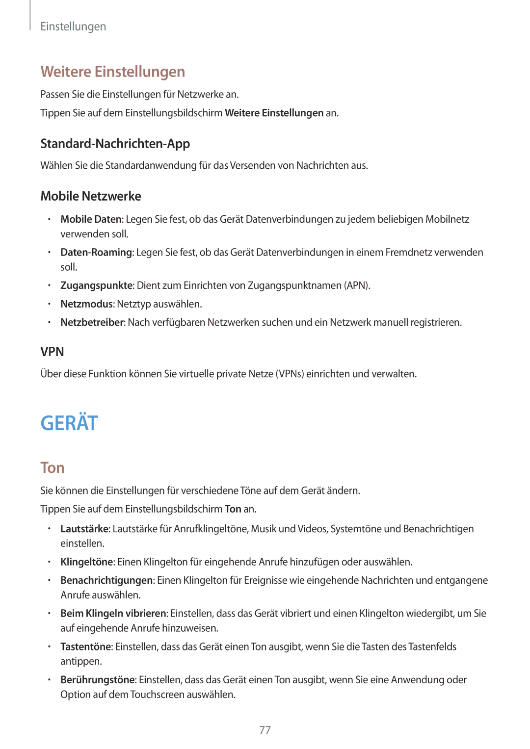 Samsung SM-T561NZKADBT, SM-T561NZWADBT manual Weitere Einstellungen, Ton, Standard-Nachrichten-App, Mobile Netzwerke 