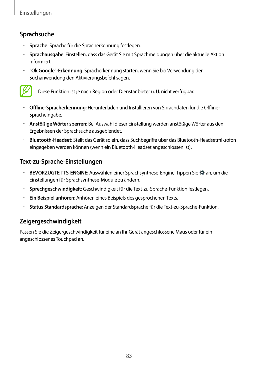 Samsung SM-T561NZKADBT, SM-T561NZWADBT manual Sprachsuche, Text-zu-Sprache-Einstellungen, Zeigergeschwindigkeit 