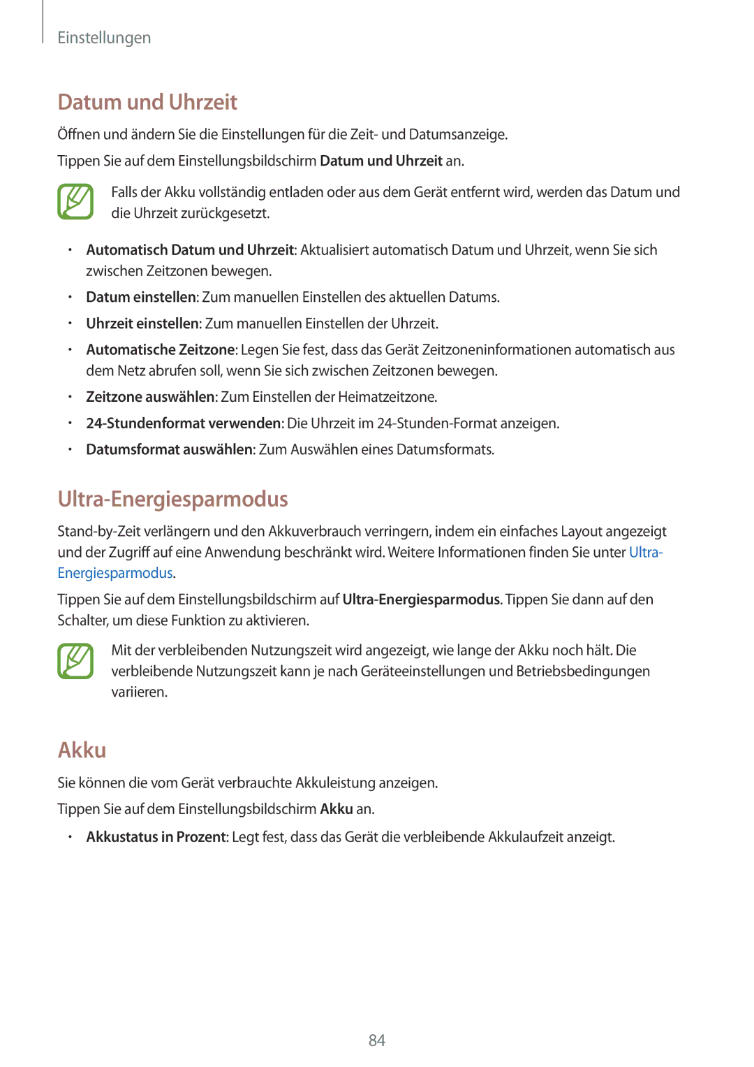 Samsung SM-T561NZWADBT, SM-T561NZKADBT manual Datum und Uhrzeit, Akku 