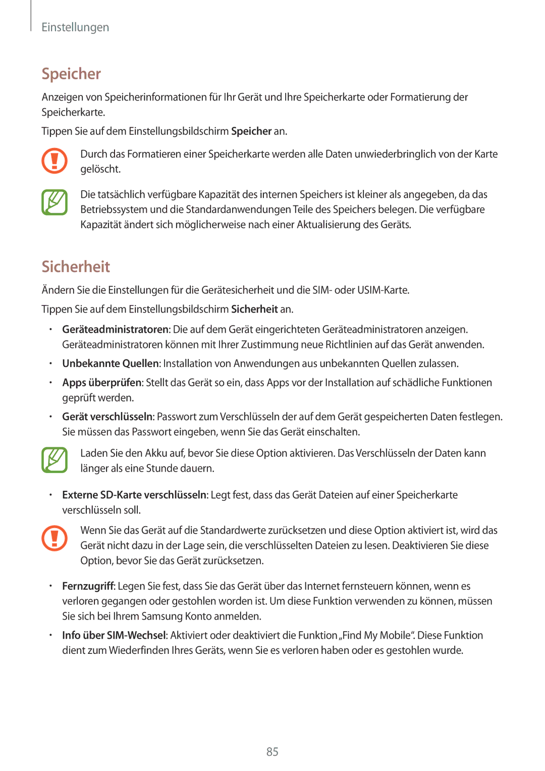 Samsung SM-T561NZKADBT, SM-T561NZWADBT manual Speicher, Sicherheit 