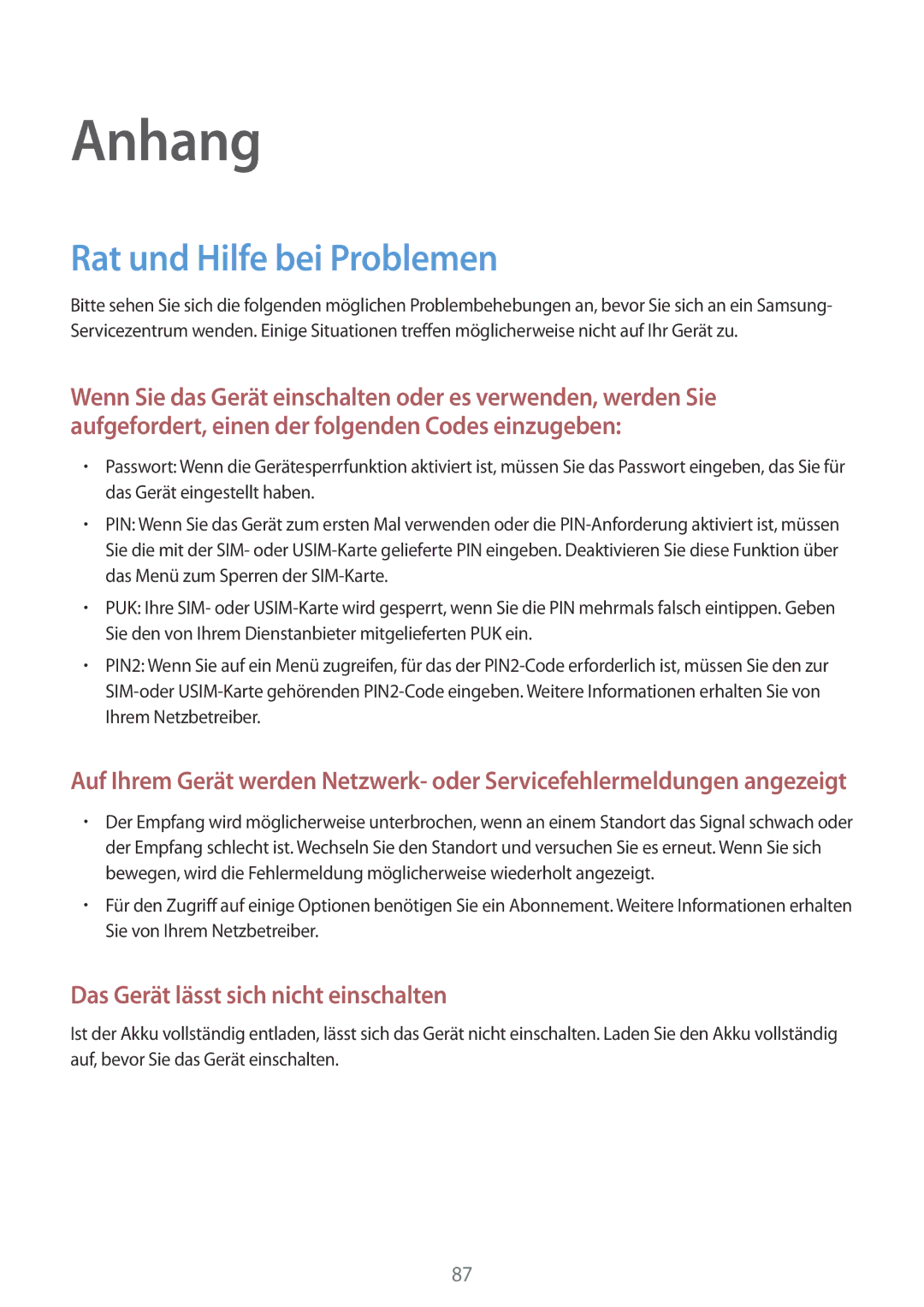 Samsung SM-T561NZKADBT, SM-T561NZWADBT manual Anhang, Rat und Hilfe bei Problemen 