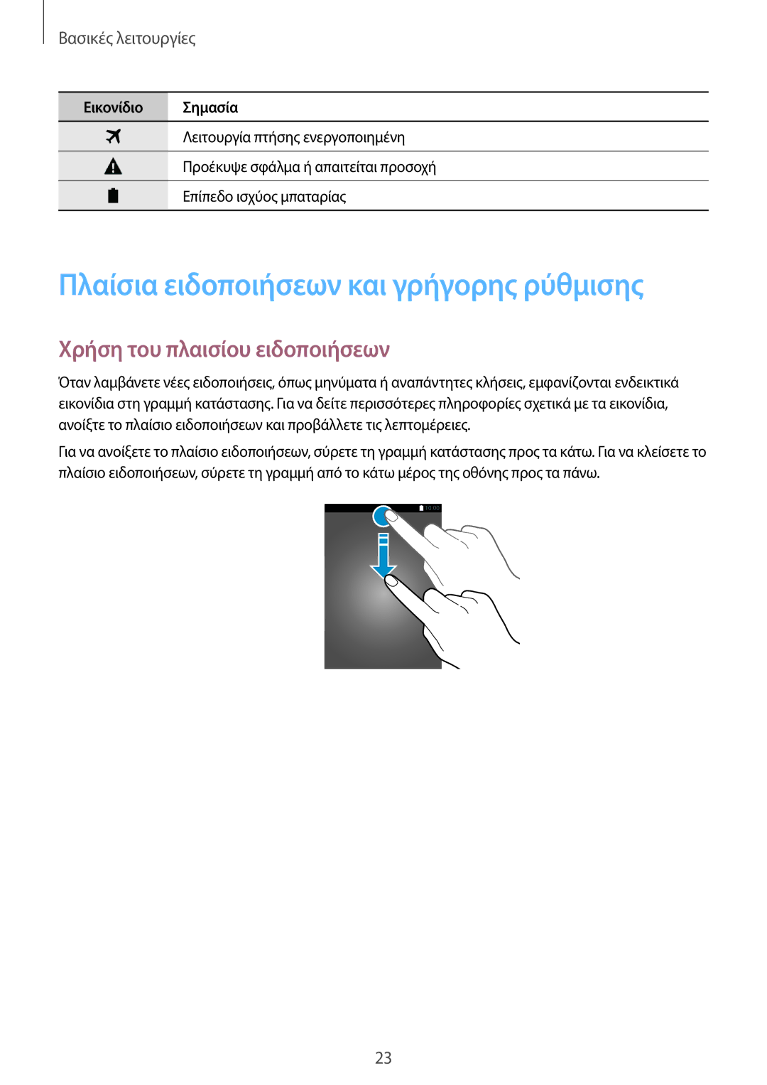 Samsung SM-T561NZKAEUR, SM-T561NZWAEUR manual Πλαίσια ειδοποιήσεων και γρήγορης ρύθμισης, Χρήση του πλαισίου ειδοποιήσεων 