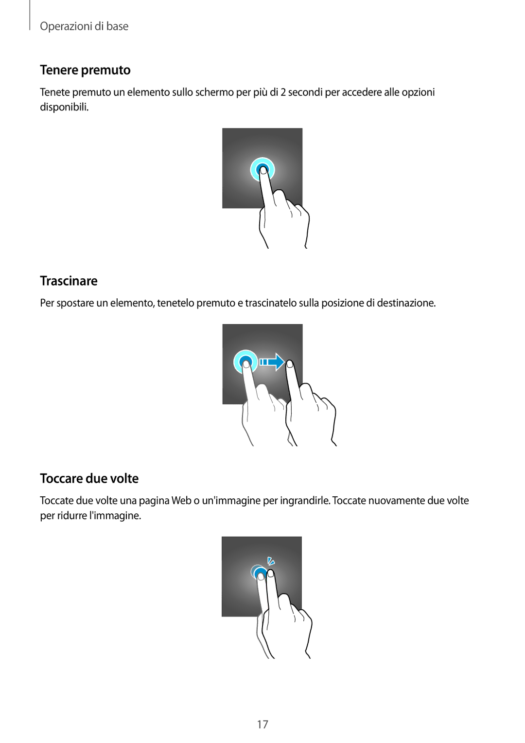 Samsung SM-T561NZWAITV manual Tenere premuto, Trascinare, Toccare due volte 