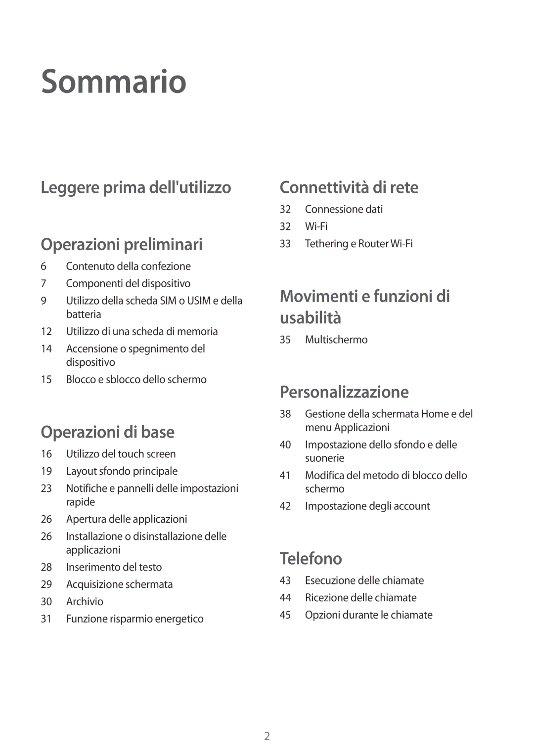 Samsung SM-T561NZWAITV manual Sommario, Leggere prima dellutilizzo Operazioni preliminari 